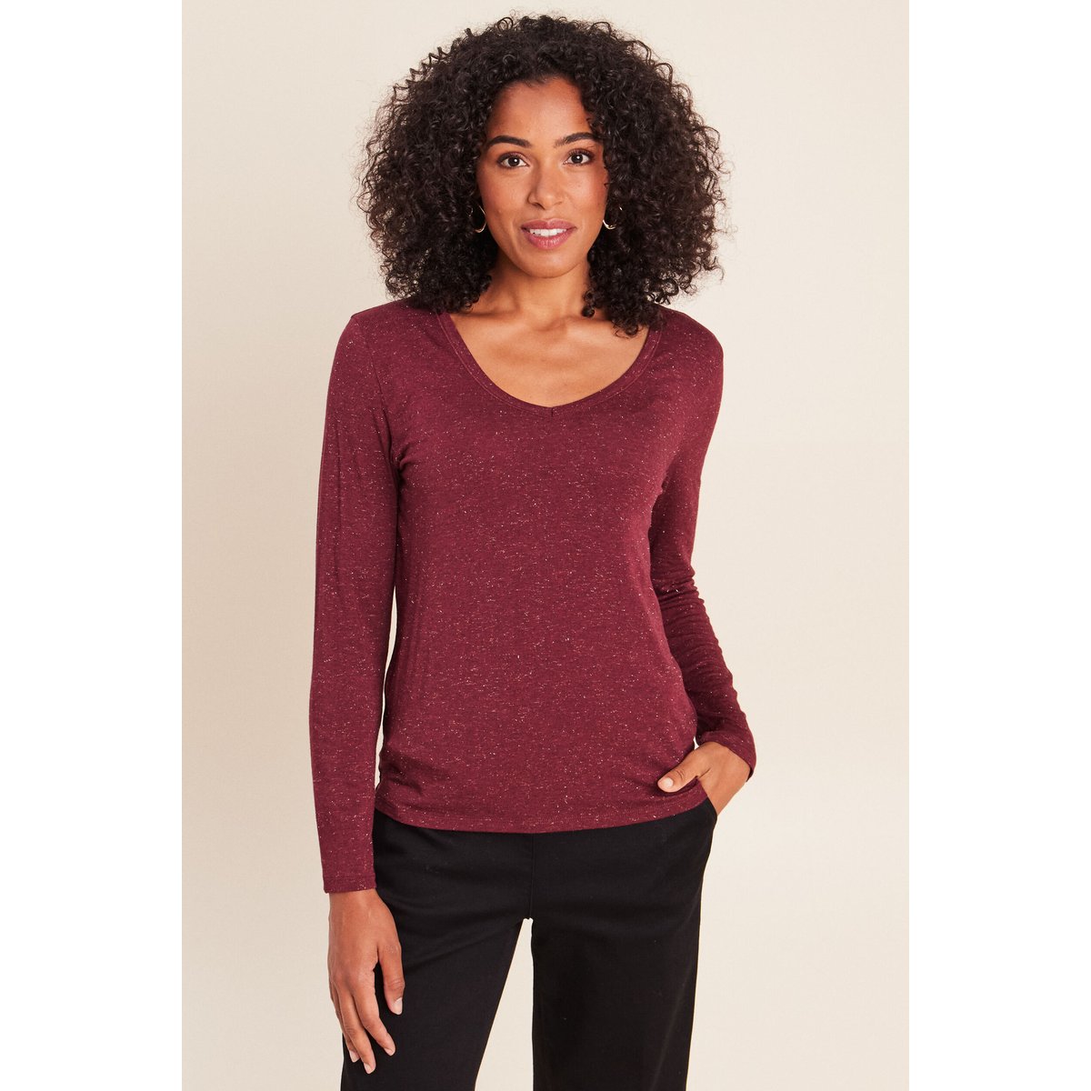 T-shirt ajusté col v manches longues bordeaux, BREAL