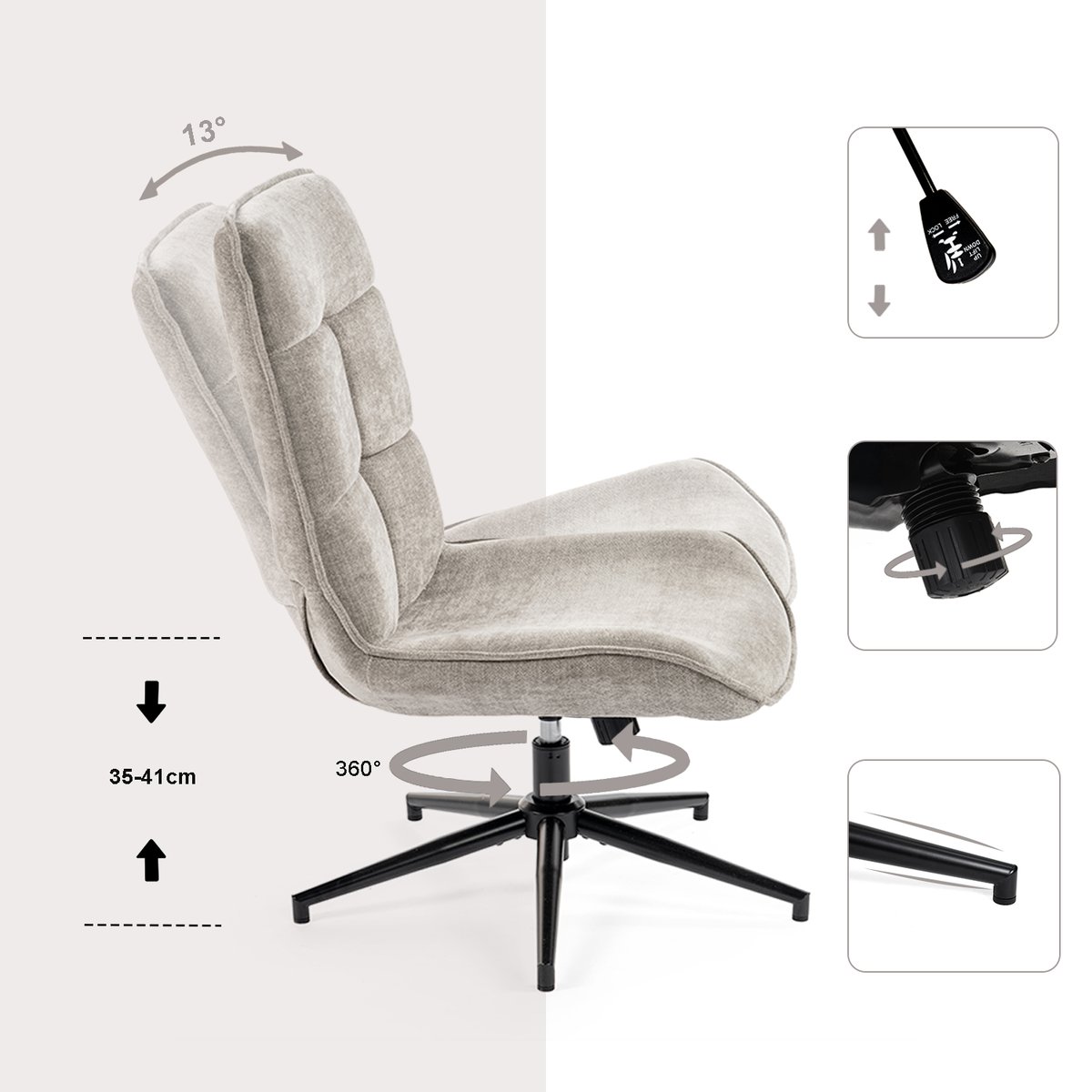 Chaise de bureau rotatif hauteur réglable style moderne, CHARLOTTEOFFICE gris, MEUBLES COSY