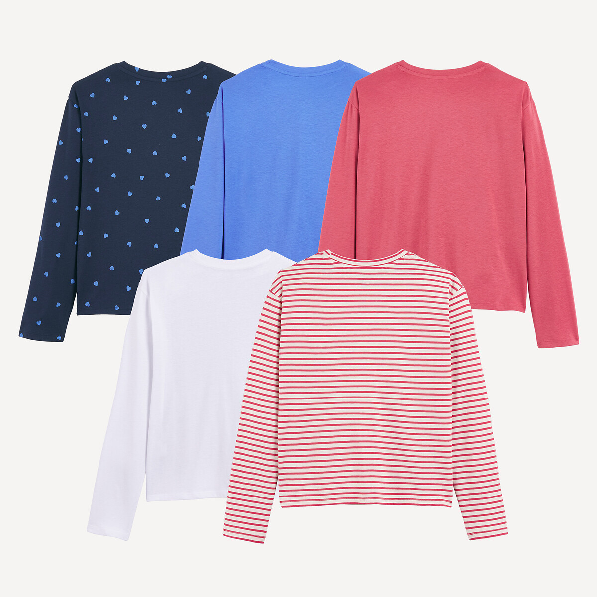 Lot de 5 T-shirts manches longues imprimés blanc+bleu marine+bleu+rayé+rose, LA REDOUTE COLLECTIONS