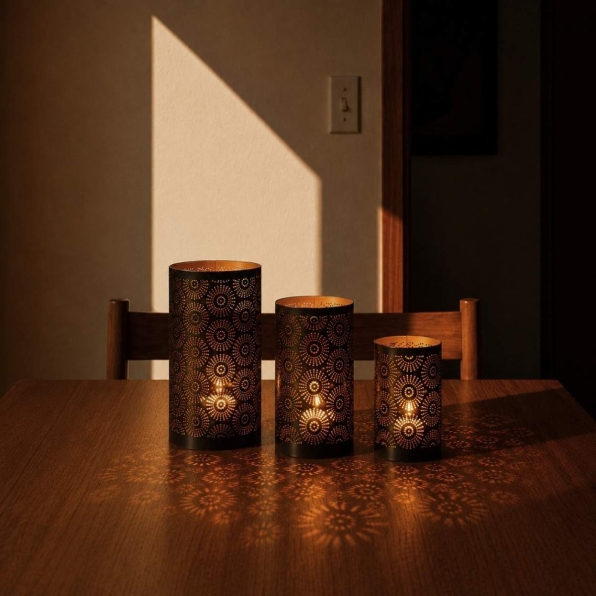 Set de 3 lanternes découpe ajourée fleurs noir & or noir, ORNAMI