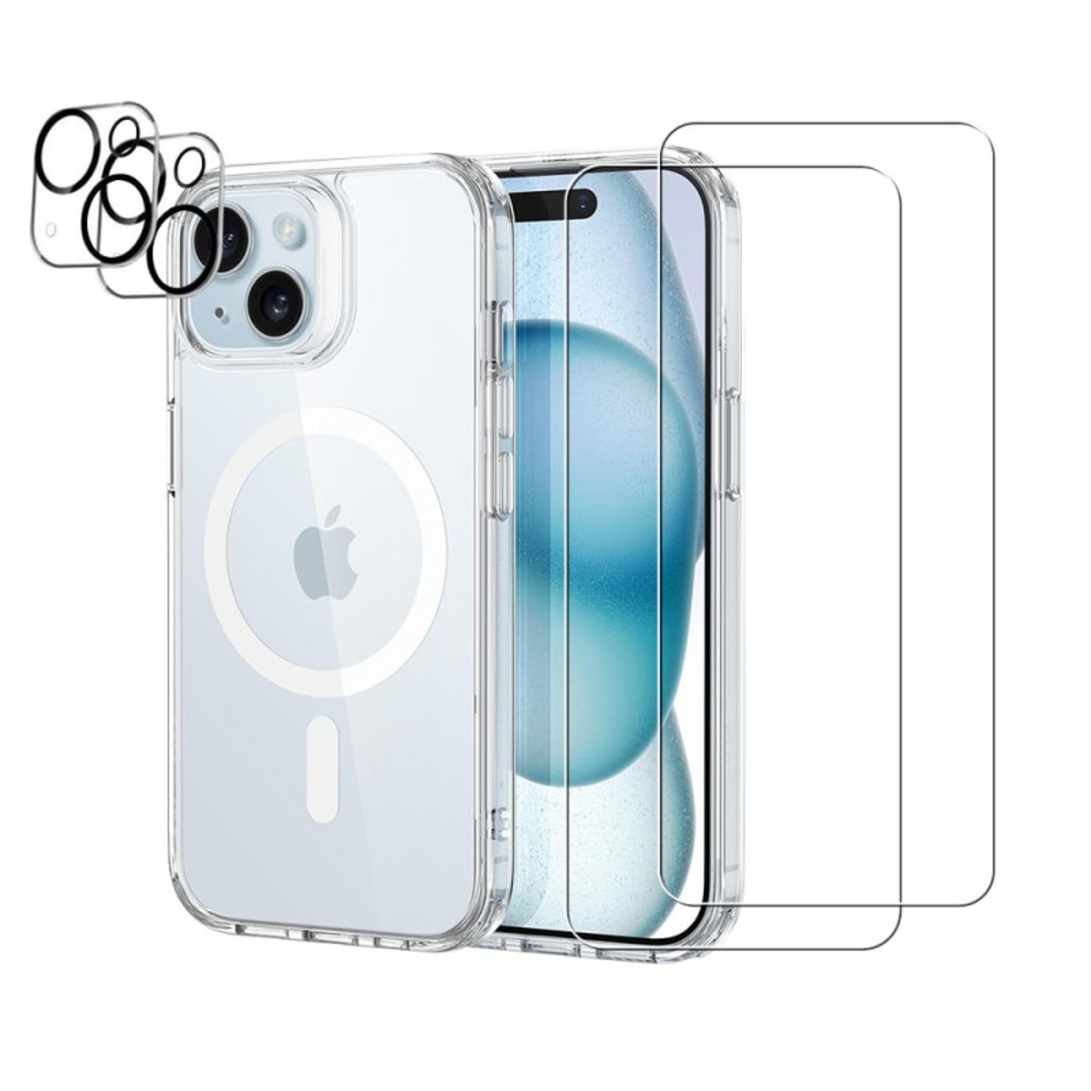 Coque Anti-choc compatible Magsafe pour iPhone 15 Transparente + 2 protections écran et 2 protections objectif caméra transparent, EVETANE