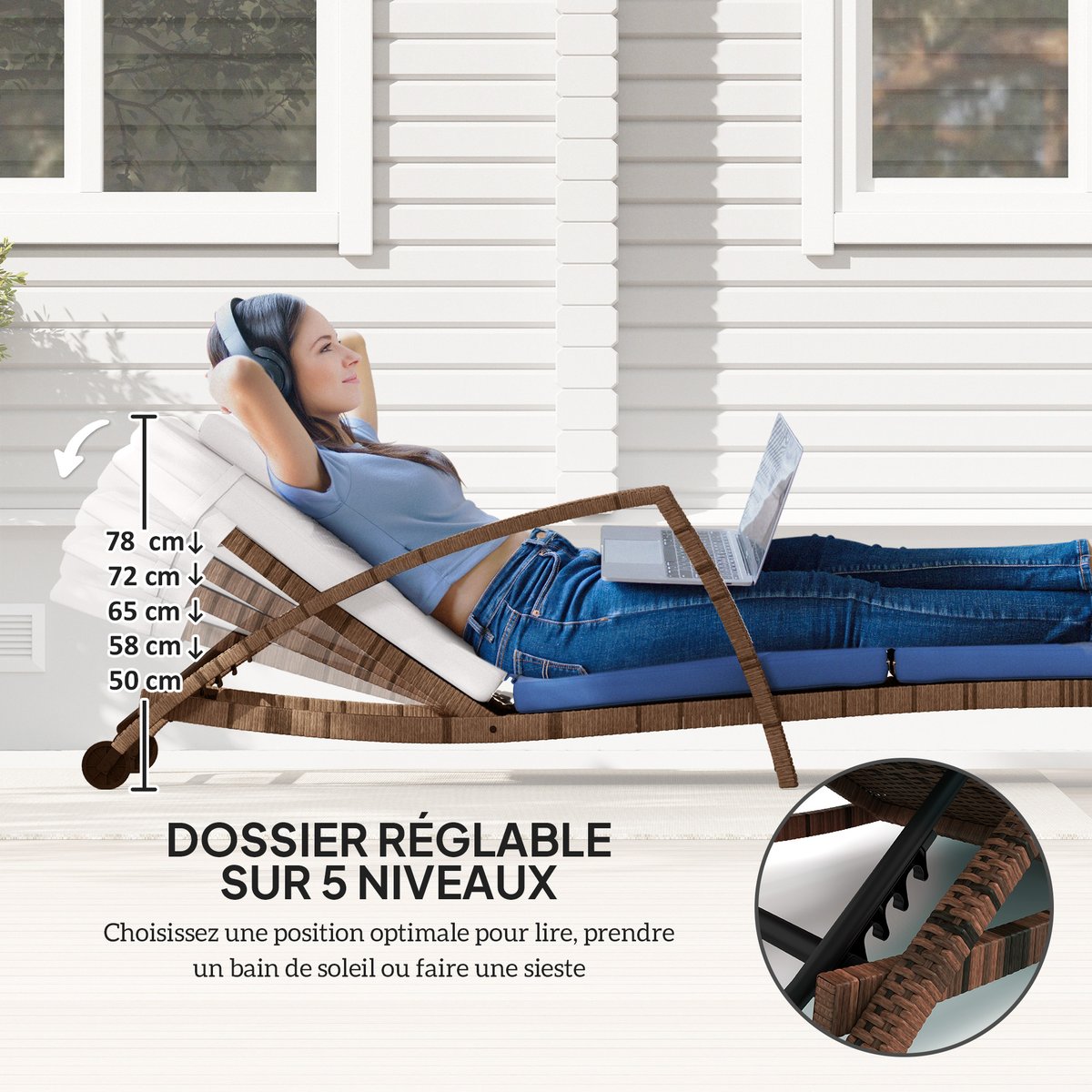 Chaise longue simple en rotin (modèle simple) marron, OUTSUNNY