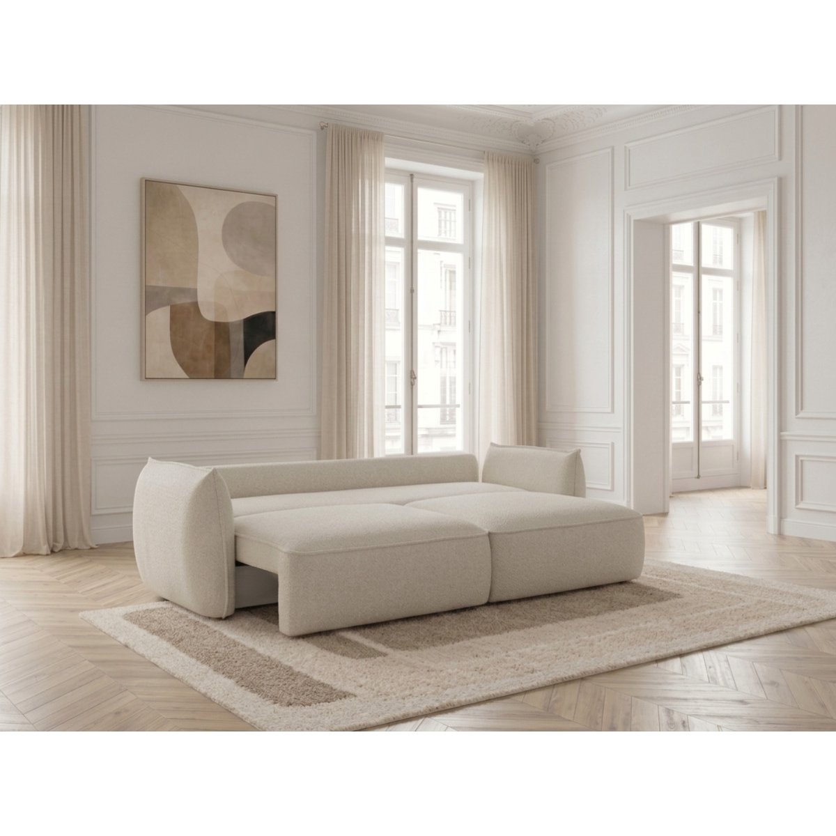 Canapé droit convertible 3 places en tissu chenille, ESMEE blanc, BOBOCHIC