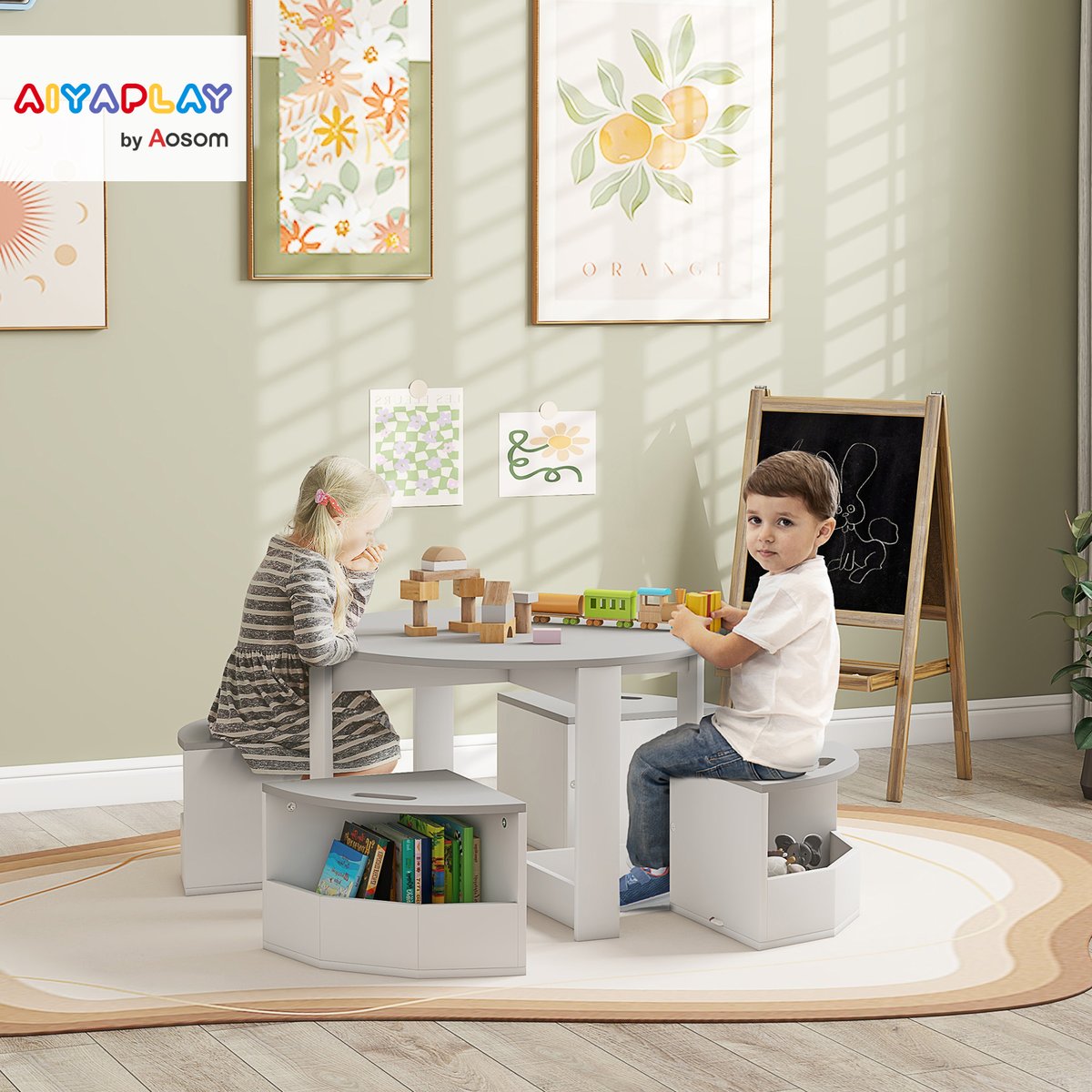Ensemble table et chaises pour enfants MDF couleur unique, AIYAPLAY