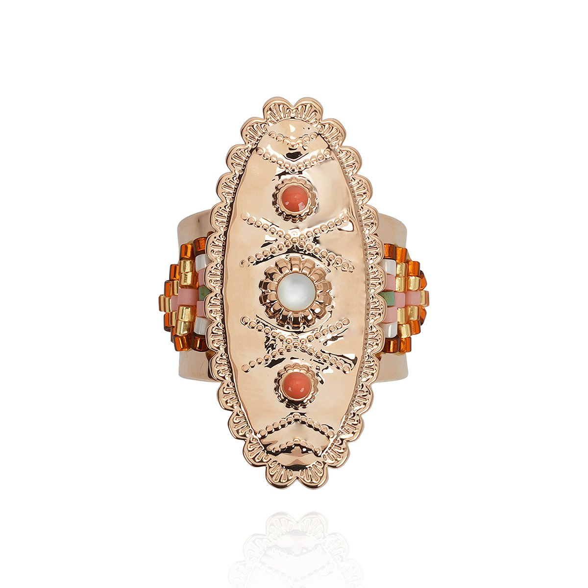 Bague réglable cabochon central martelé et perles TALSIE blanc, HIPANEMA