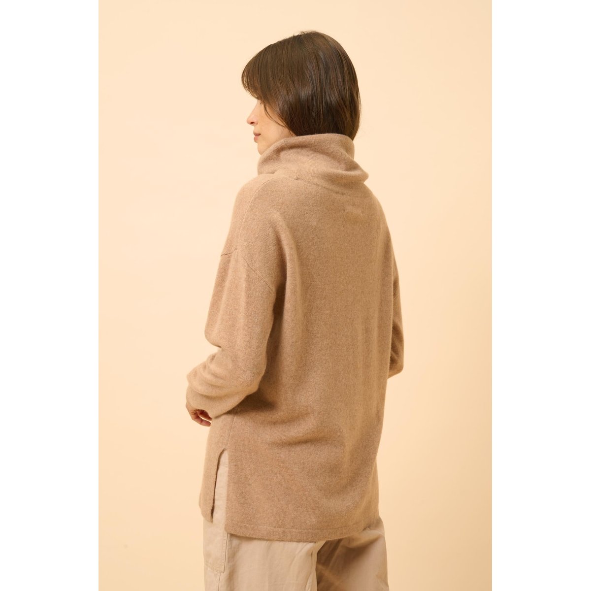 Pull Col Montant Cordon Coulissant Fentes Côtés Camel Chiné Melrose camel chiné, JUST CASHMERE