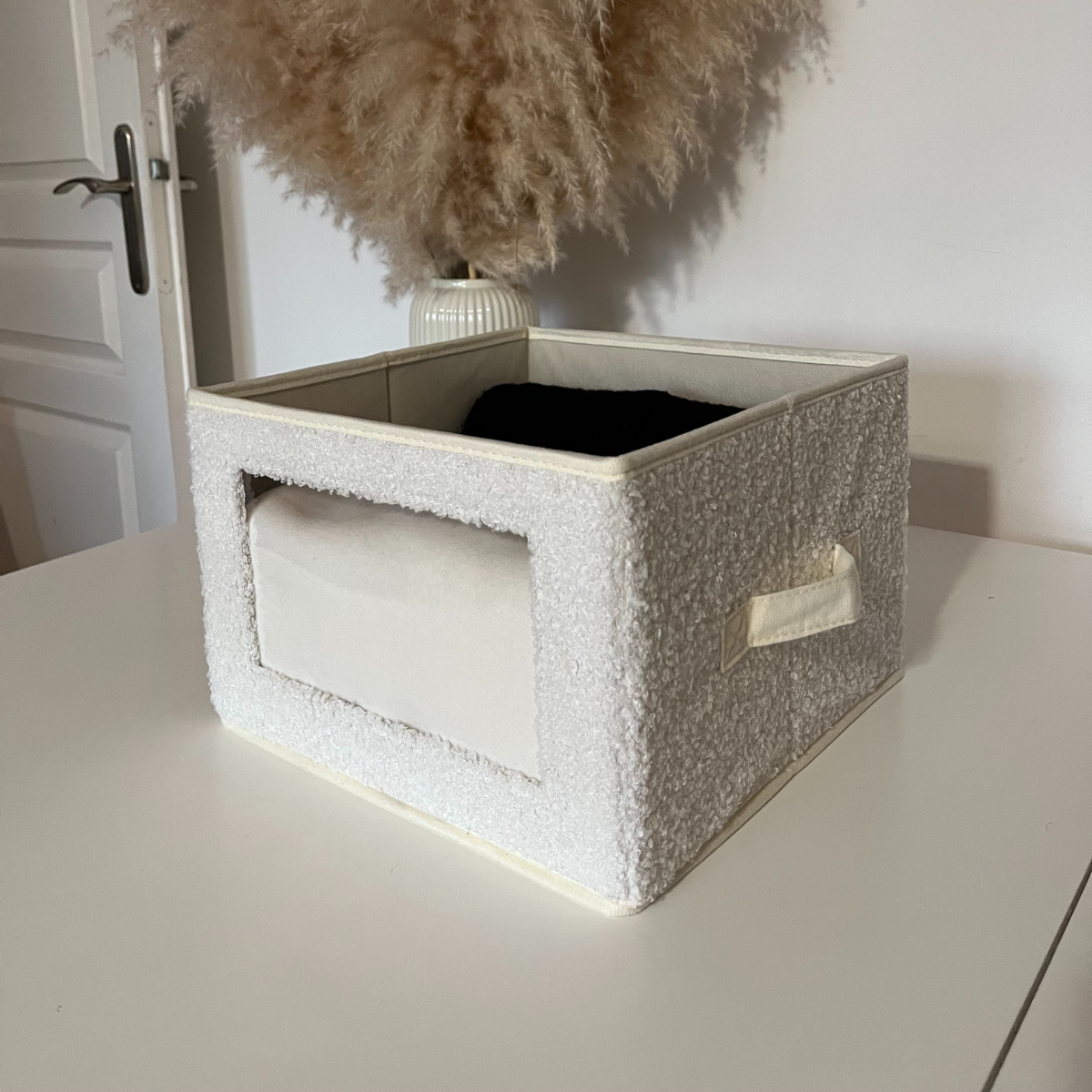 Boîte rangement tissu bouclette écru avec fenêtre - L30 cm écru, CALICOSY