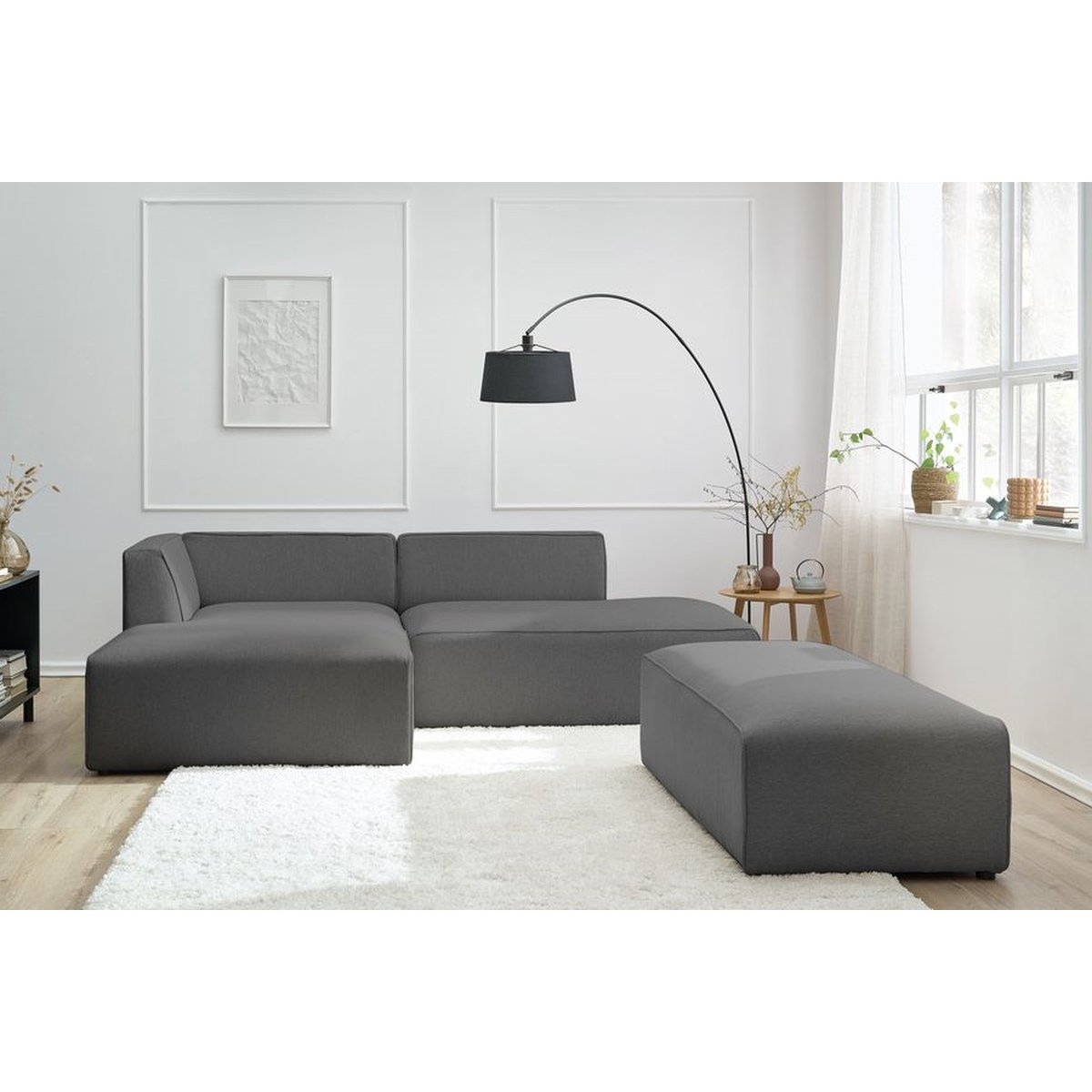 Canapé modulable 5 places en tissu chiné avec pouf, MEGEVE gris foncé, BOBOCHIC