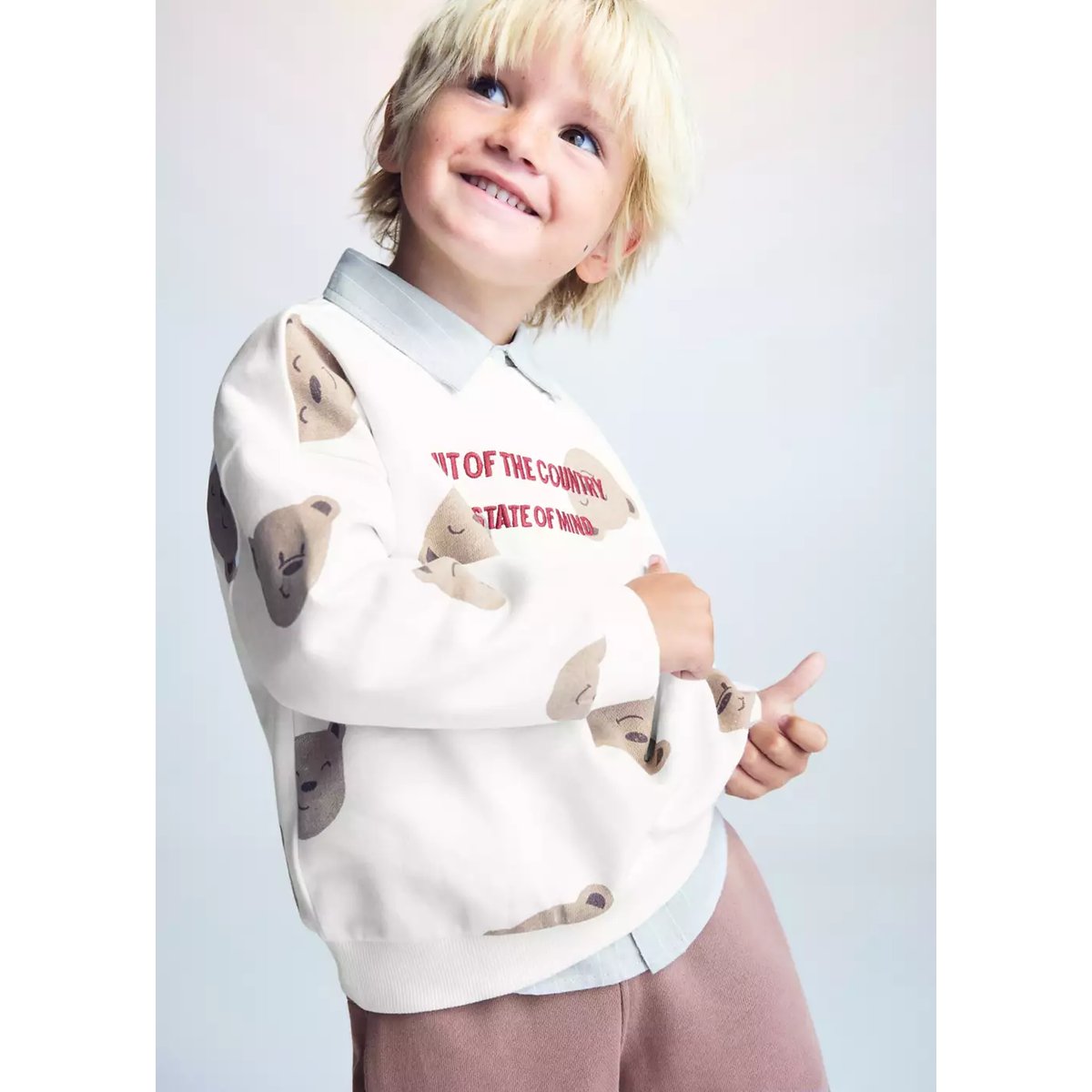 Sweat en coton à motif ours blanc cassé, MANGO BABY