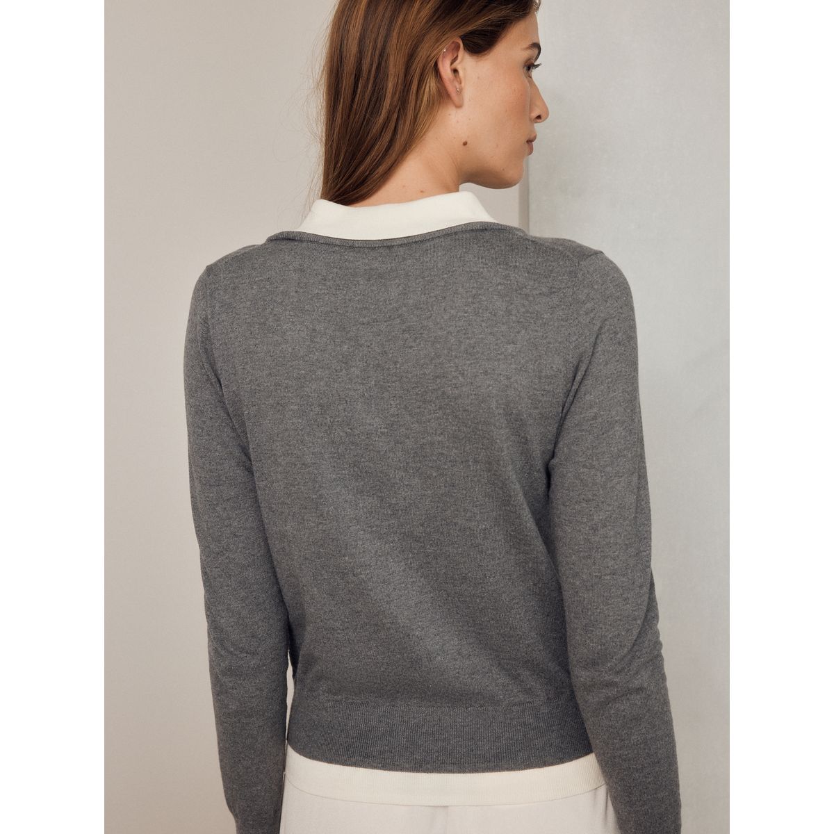 Pull polo effet superposé en coton doux gris, NEXT