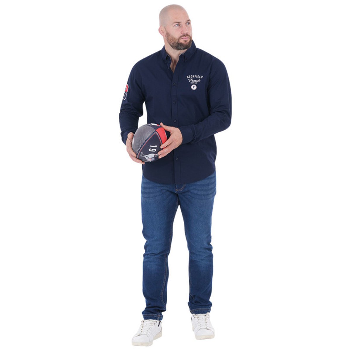 Chemise en coton biologique marine unie à coupe ajustée avec un col boutonné marine, RUCKFIELD