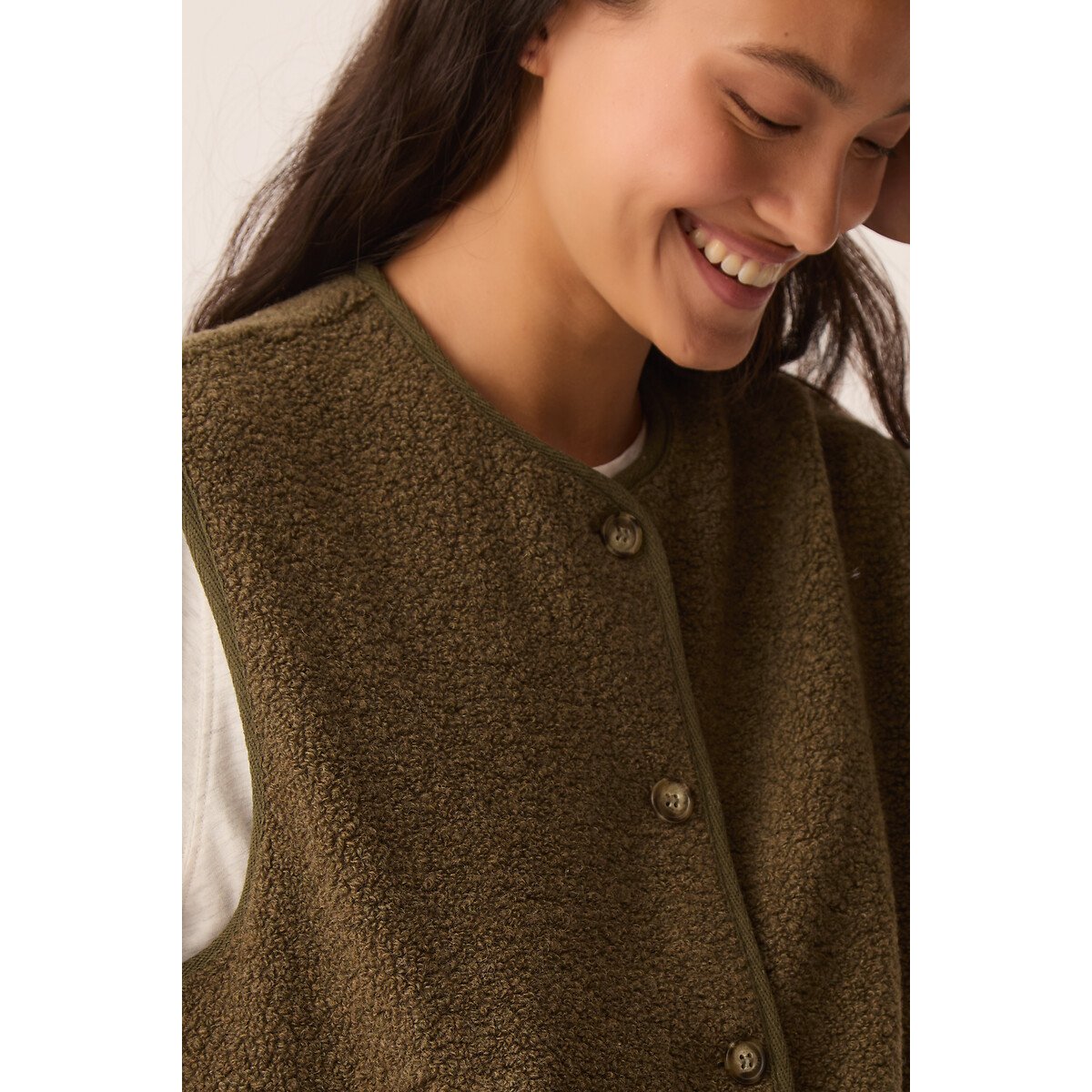 Giacca in maglia bouclé, senza maniche, ZLATA kaki, DES PETITS HAUTS