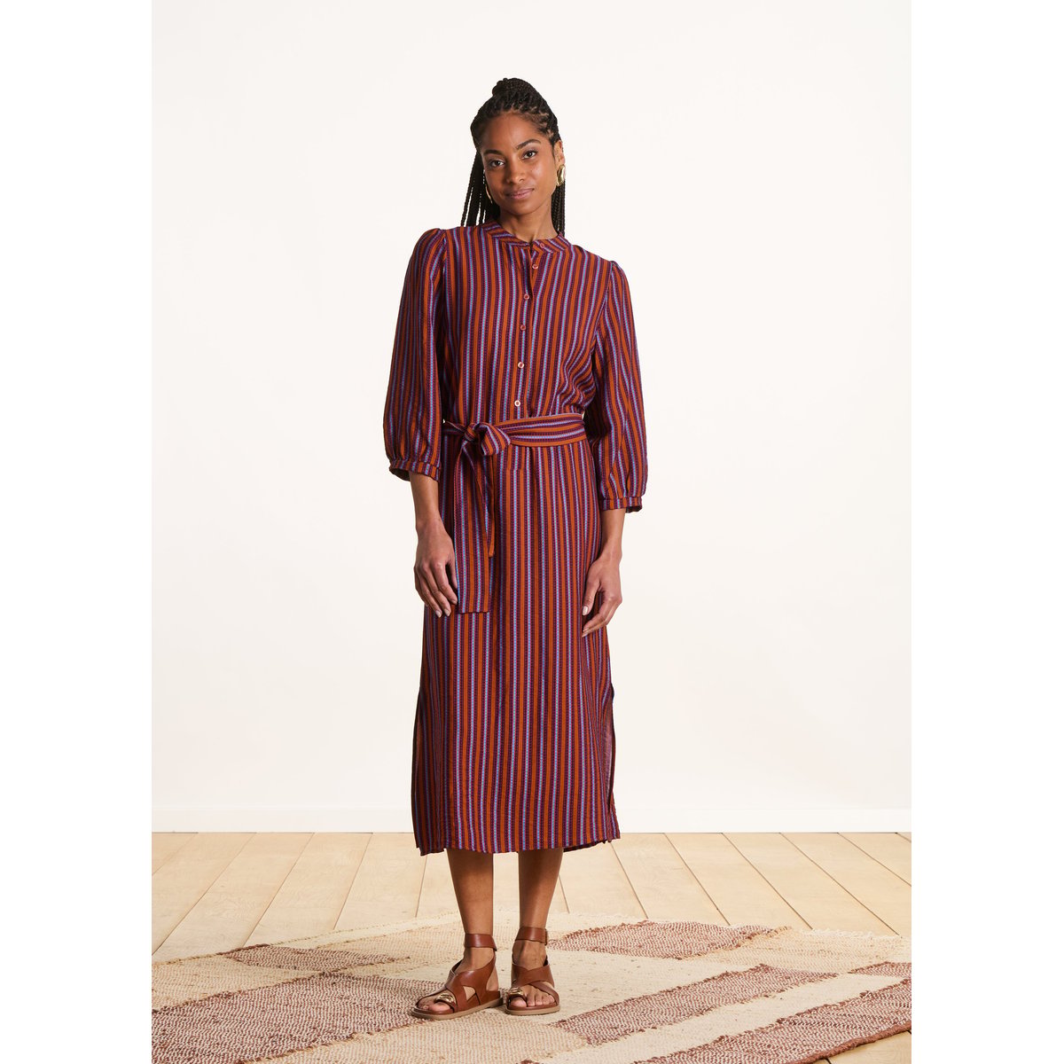 Robe midi boutonnée à rayures figue/tandoori, LA FEE MARABOUTEE