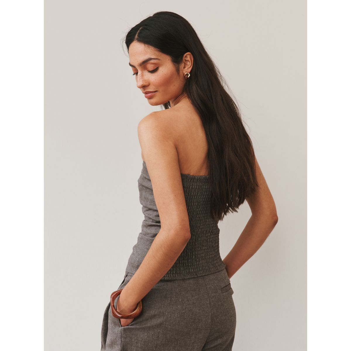 Top bandeau froncé en lin majoritaire marron, NEXT