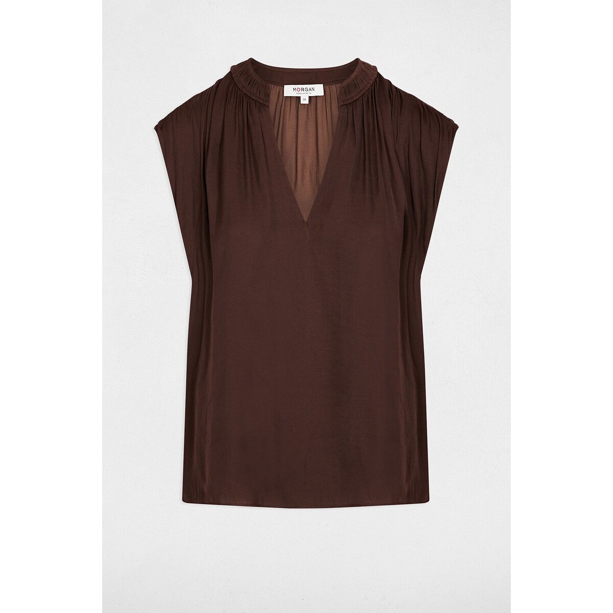 Blouse manches courtes satin chocolat, MORGAN