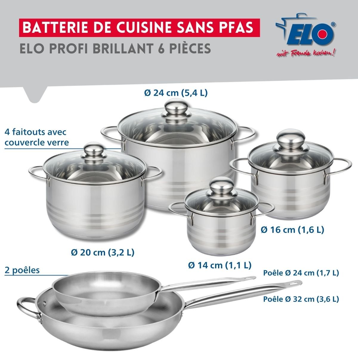 2 poêles 24/32cm + 4 faitouts 14/16/20/24cm PROFI BRILLANT gris, ELO