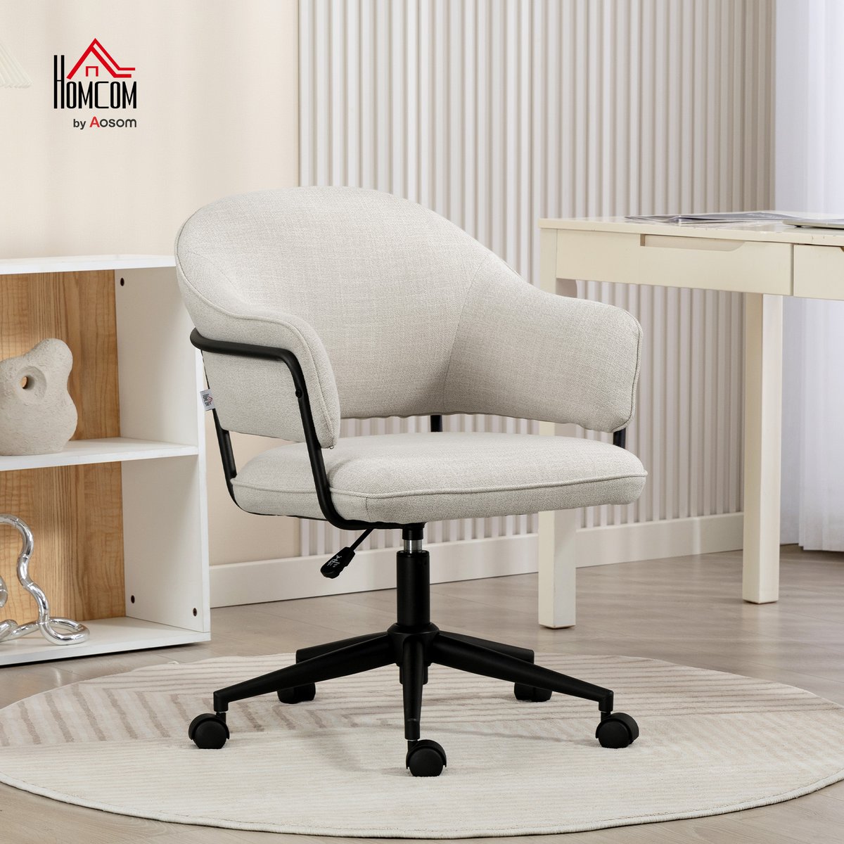 Chaise de bureau Lin (100% polyester) Blanc blanc crème, HOMCOM