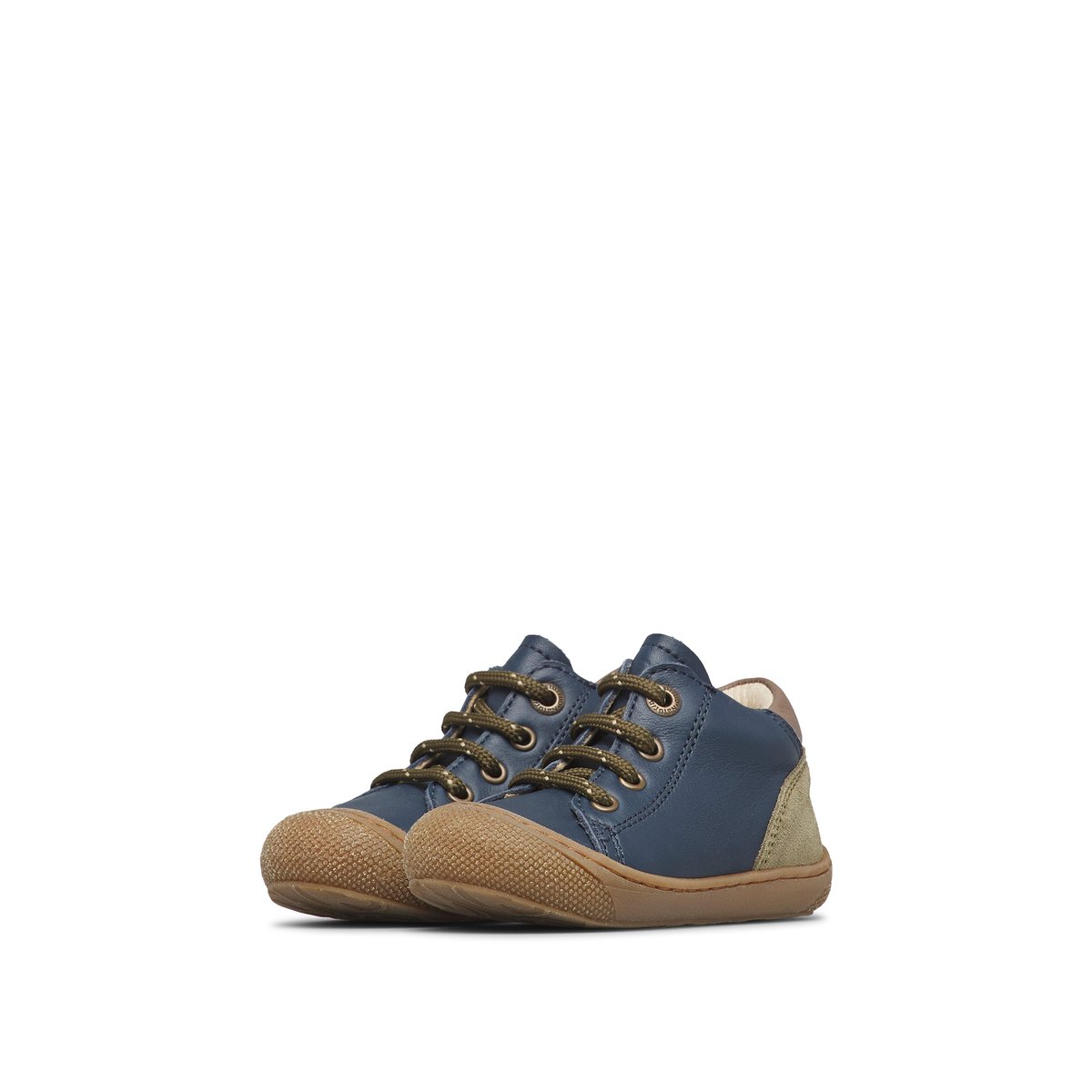 Chaussons premiers pas en cuir et en daim ROMY marine-kaki, NATURINO