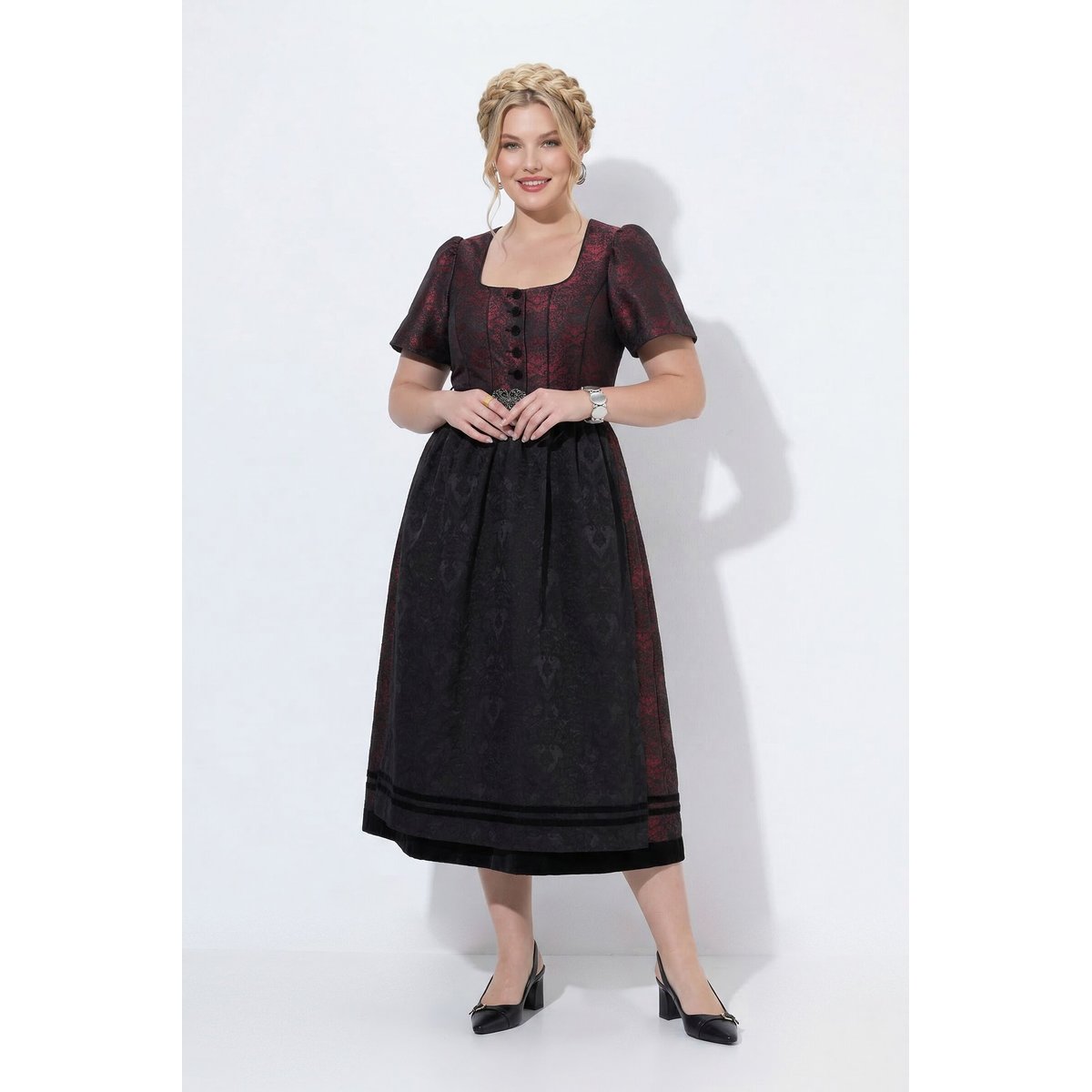 Dirndl, jacquard, col carré rouge vin foncé, ULLA POPKEN