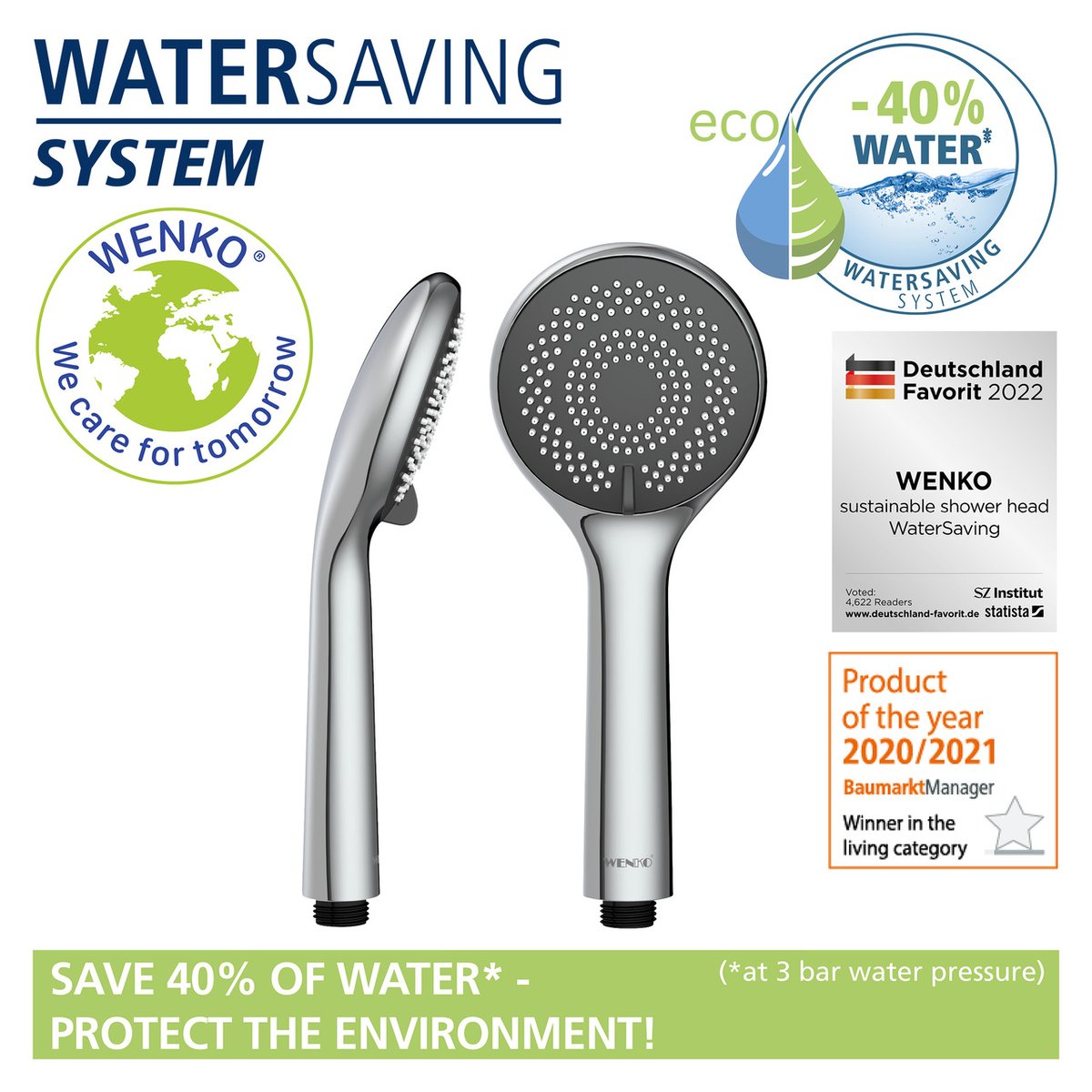 Pommeau de douche 3 jets Watersaving argent brillant, WENKO