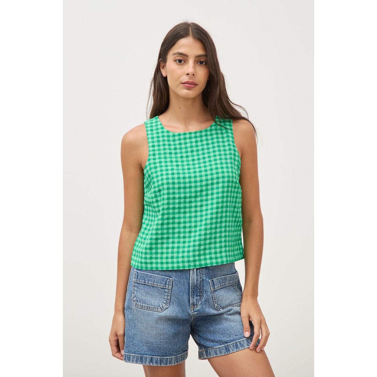 Blouse vichy droite cropped sans manches vert, BONOBO