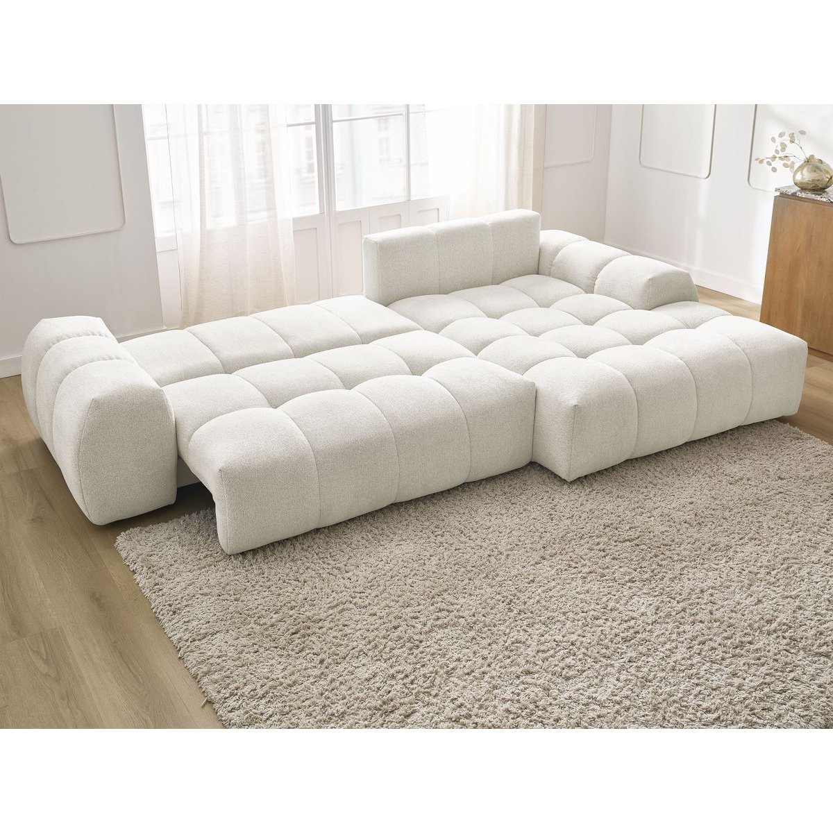 Canapé d'angle convertible 3 places en tissu chiné, EVEREST blanc, BOBOCHIC