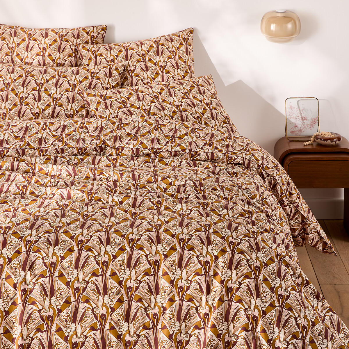 Copripiumino in percalle di cotone, stampa palmette, ILIMI bronzo/rosa/bordeaux, LA REDOUTE INTERIEURS