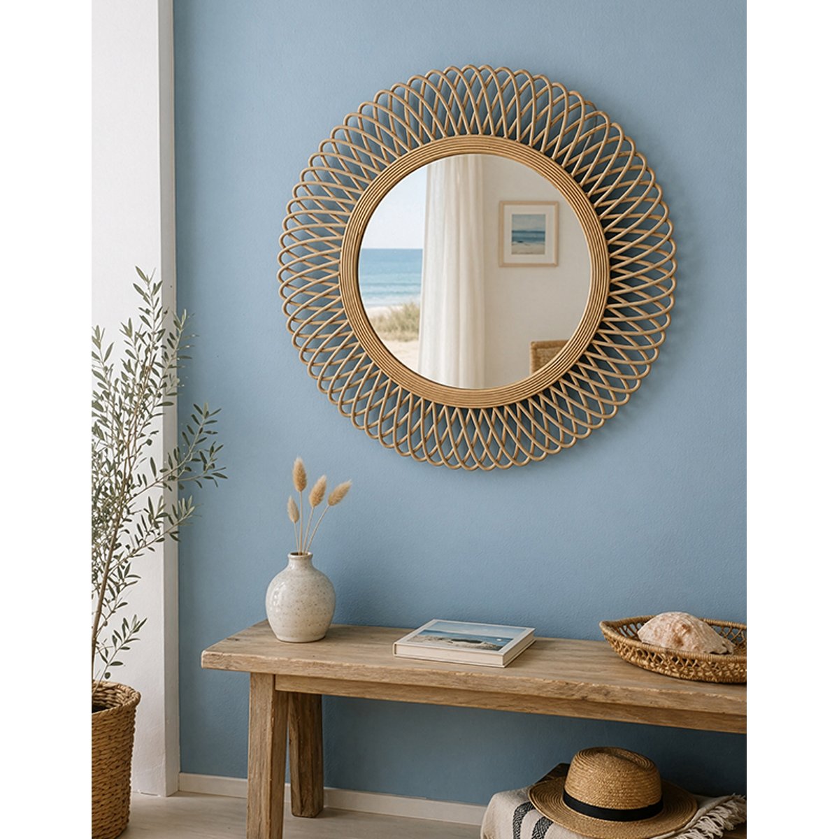 Miroir rond en rotin naturel 82x82cm beige, EMDE