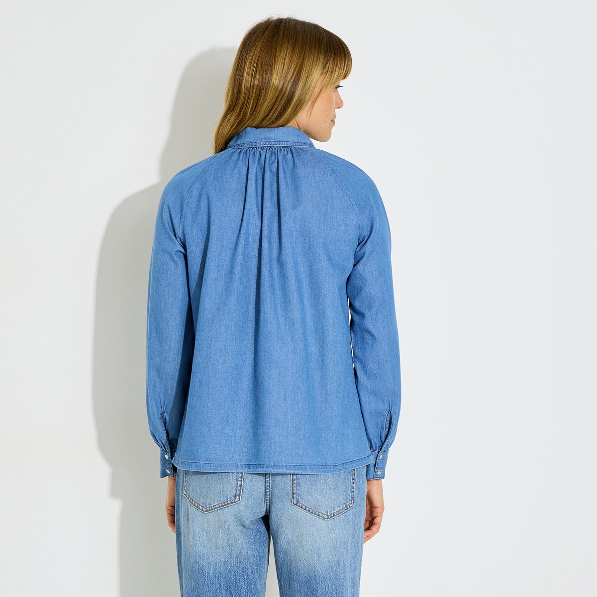 Chemisier denim col lavallière bleu light stone, GRAIN DE MALICE
