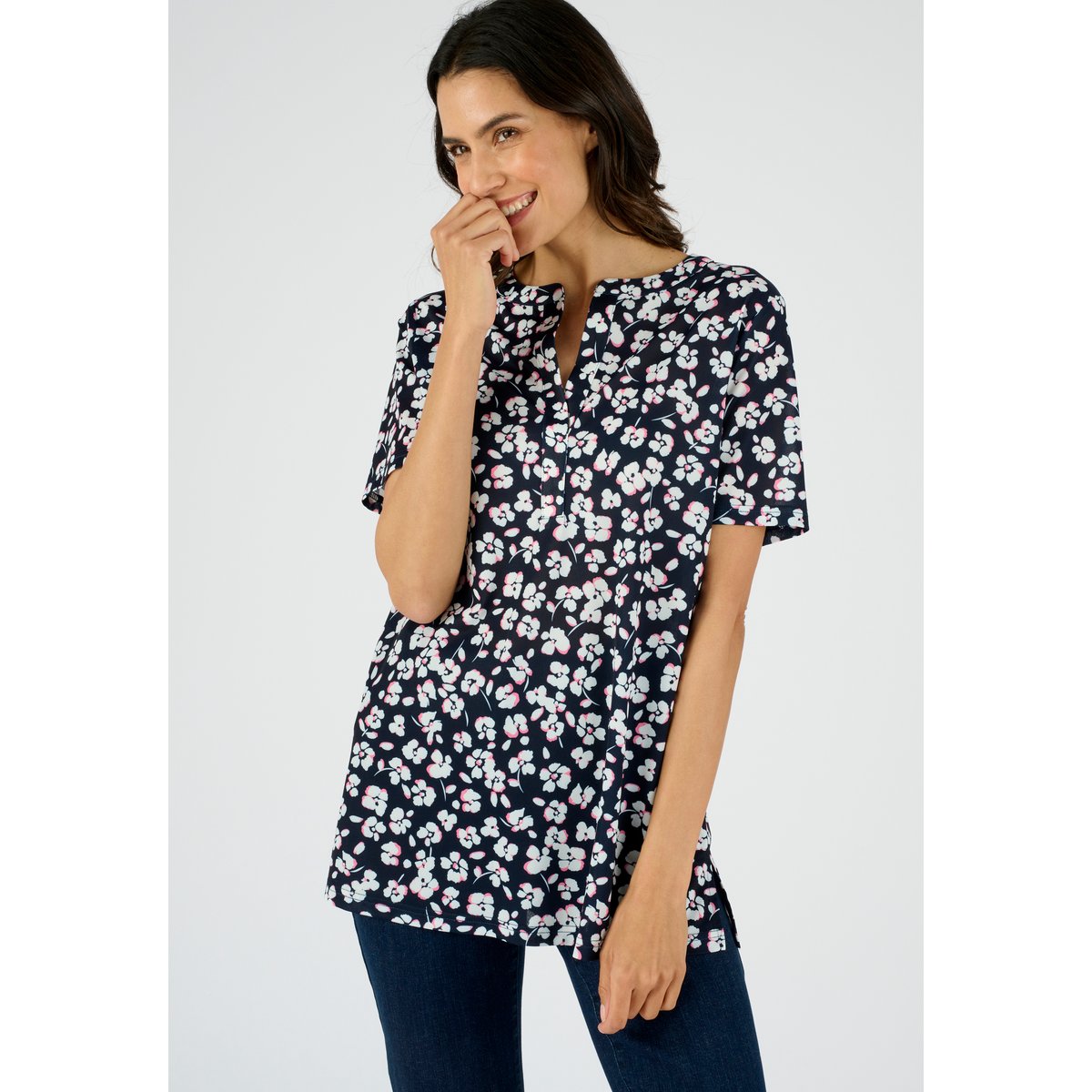 Tunique maille crêpe stretch fleurie bleu marine fleuri, DAMART