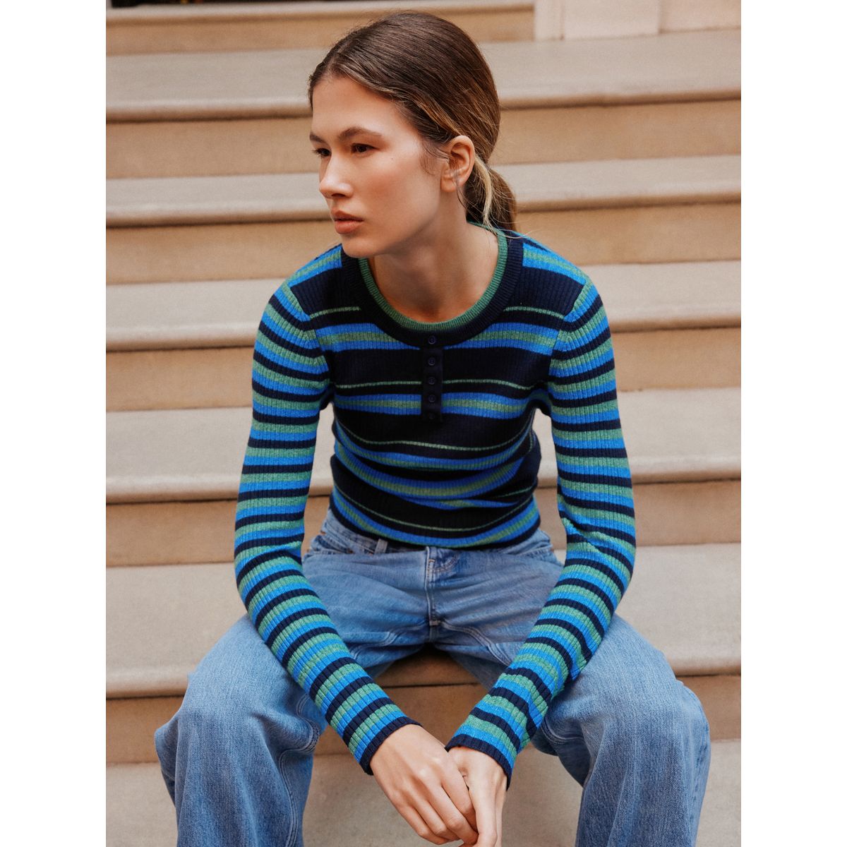Haut superposé ultra-doux à col boutonné rayure bleu/vert, NEXT