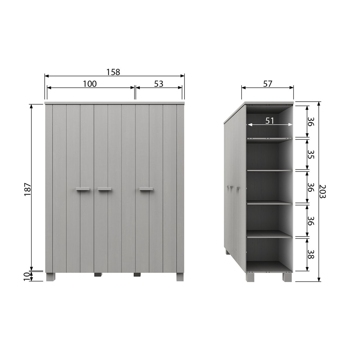 Armoire 3 portes en pin DENNIS gris béton, WOOOD