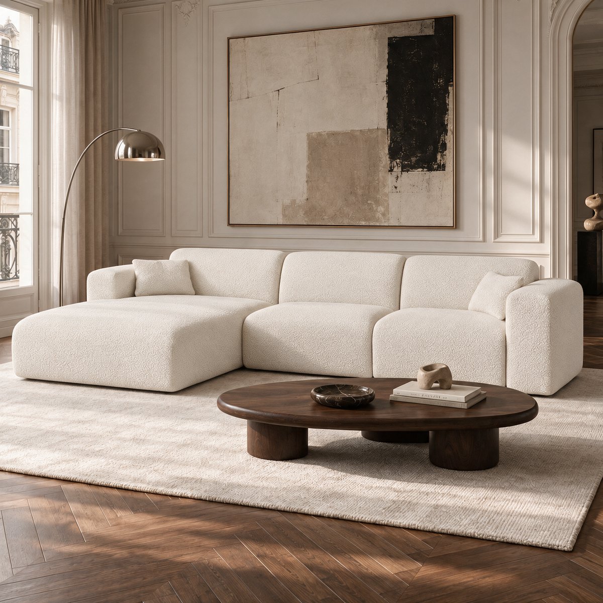 Canapé angle gauche convertible 5 places en tissu bouclette MYRA crème, SIA HOME
