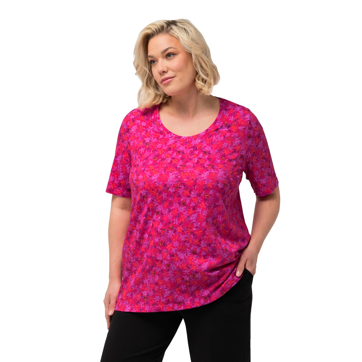 T-shirt long à manches courtes et col rond roses rouge, ULLA POPKEN