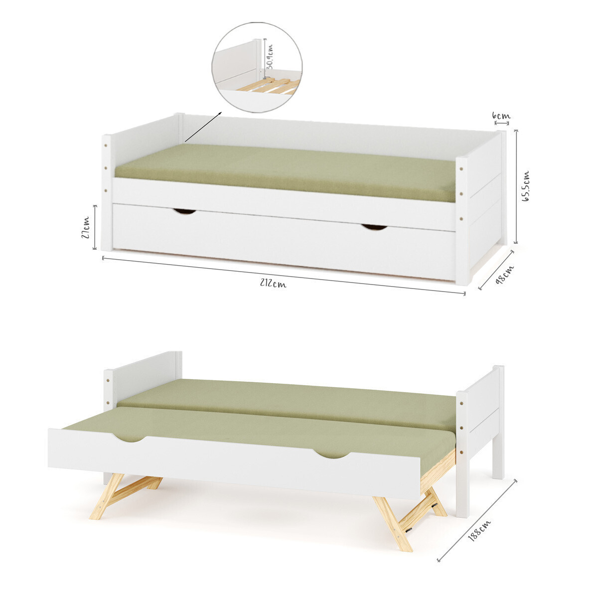 Pack lit banquette gigogne avec matelas Bois massif LOUW bois naturel, AKITEN RETAIL