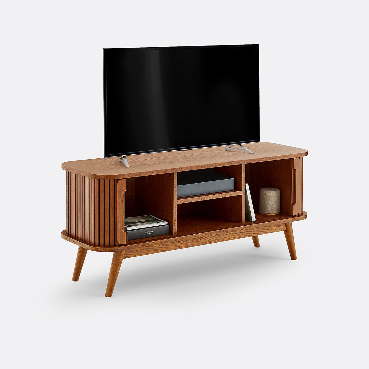 Mueble de TV de fresno y chapado, 2 puertas correderas, anchura de 120 cm, WAPONG tinte color nogal, LA REDOUTE INTERIEURS