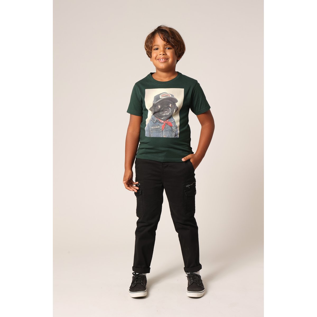 T-shirt garçon 100 % coton avec imprimé chien aspect denim et casquette deeluxe PEPERE emerald, DEELUXE