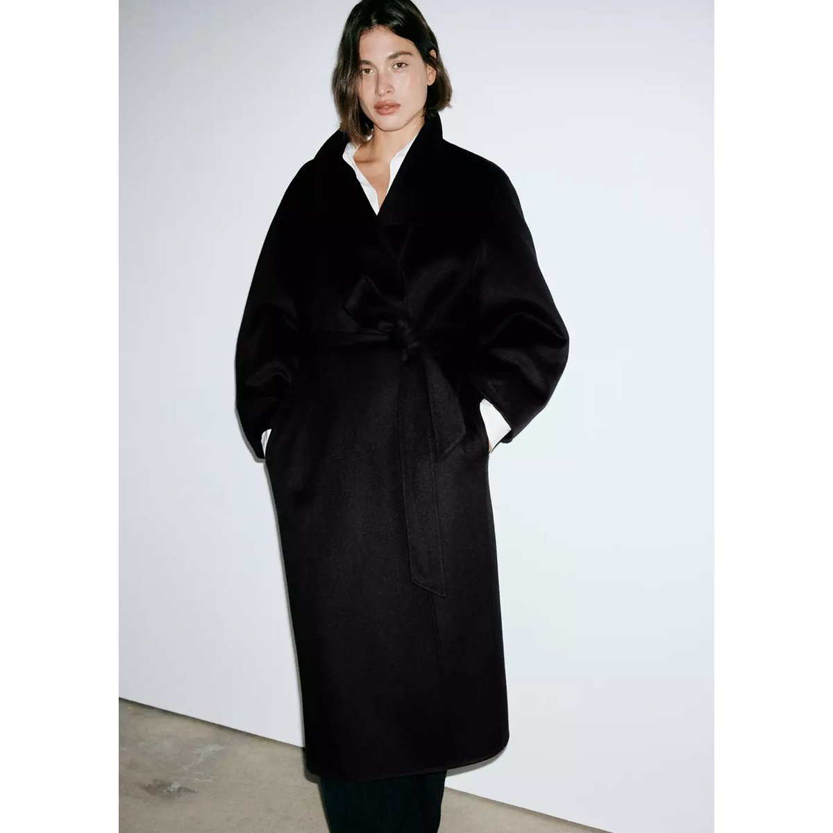 Manteau laine fait à la main ceinture noir, MANGO