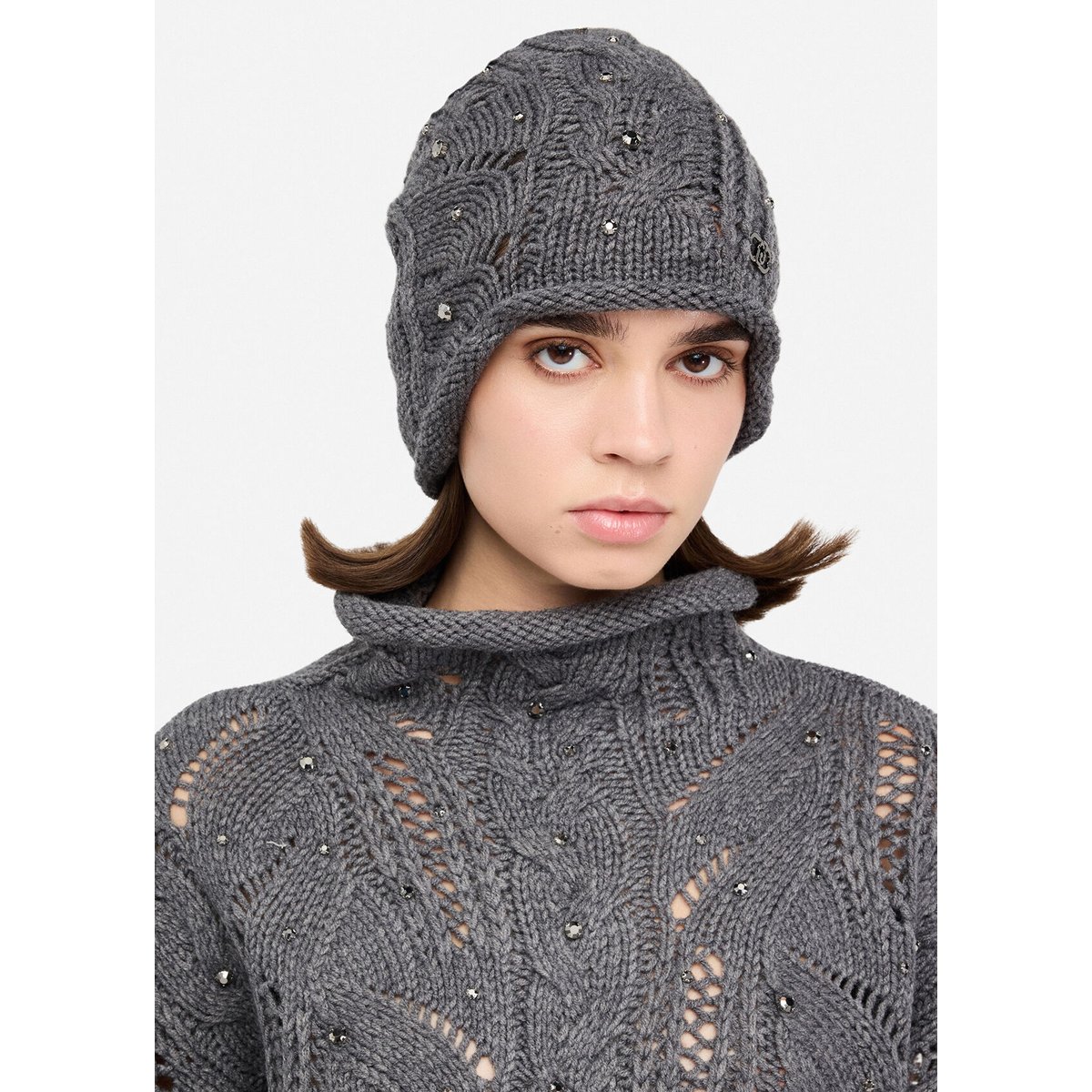 Bonnet en laine mélangée avec strass gris, LIU JO