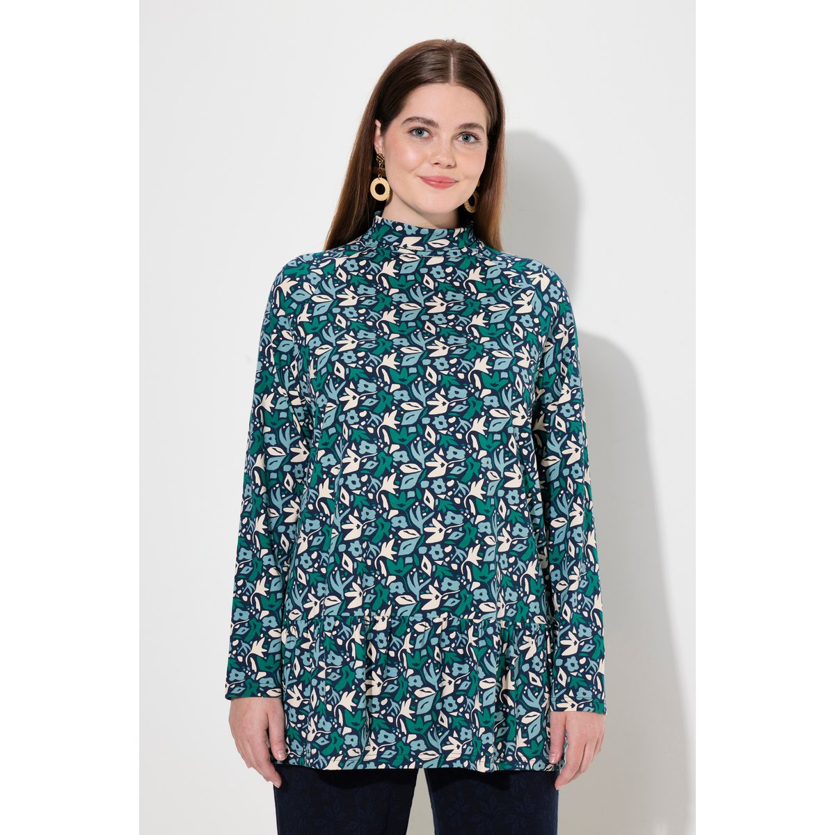 T-shirt long en coton bio motif à fleurs marine, ULLA POPKEN