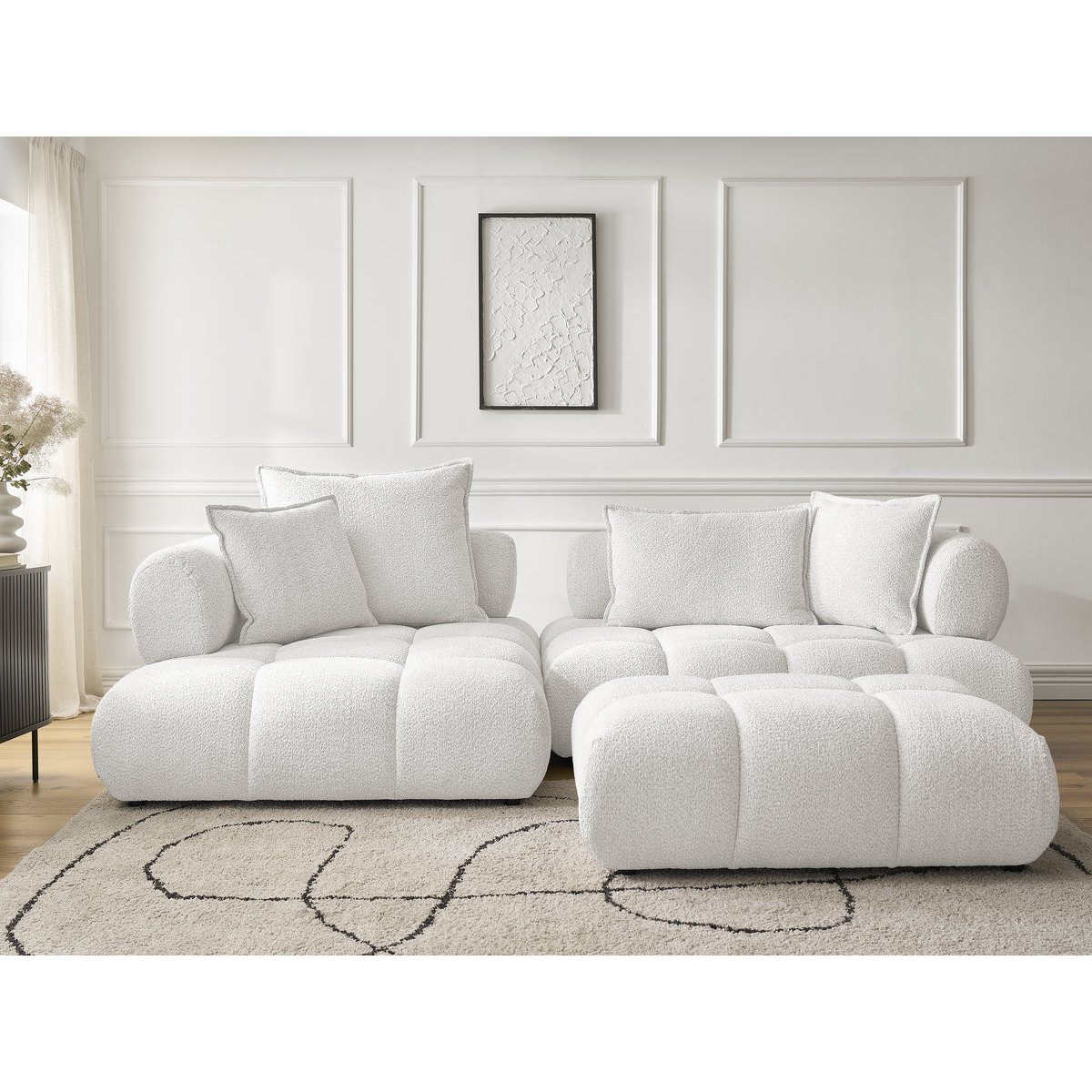 Canapé d'angle fixe 4 places en tissu bouclette avec pouf, ALYA blanc, BOBOCHIC
