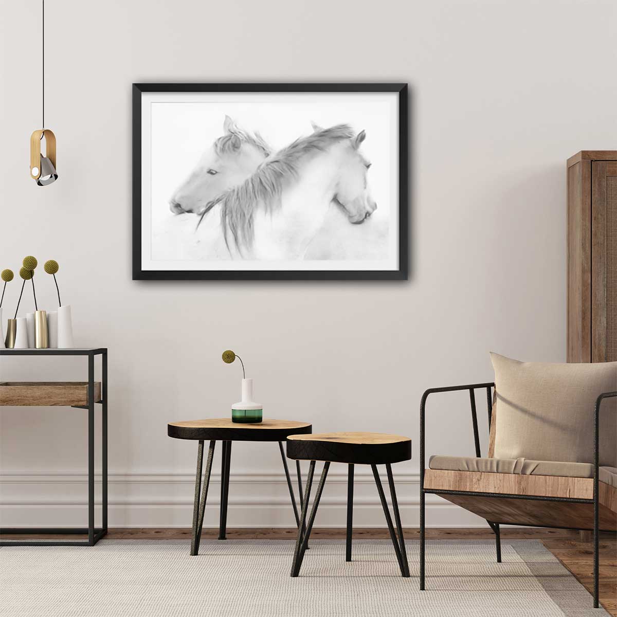Poster chevaux blancs au crayon de bois affiche + cadre en bois - noir, HEXOA