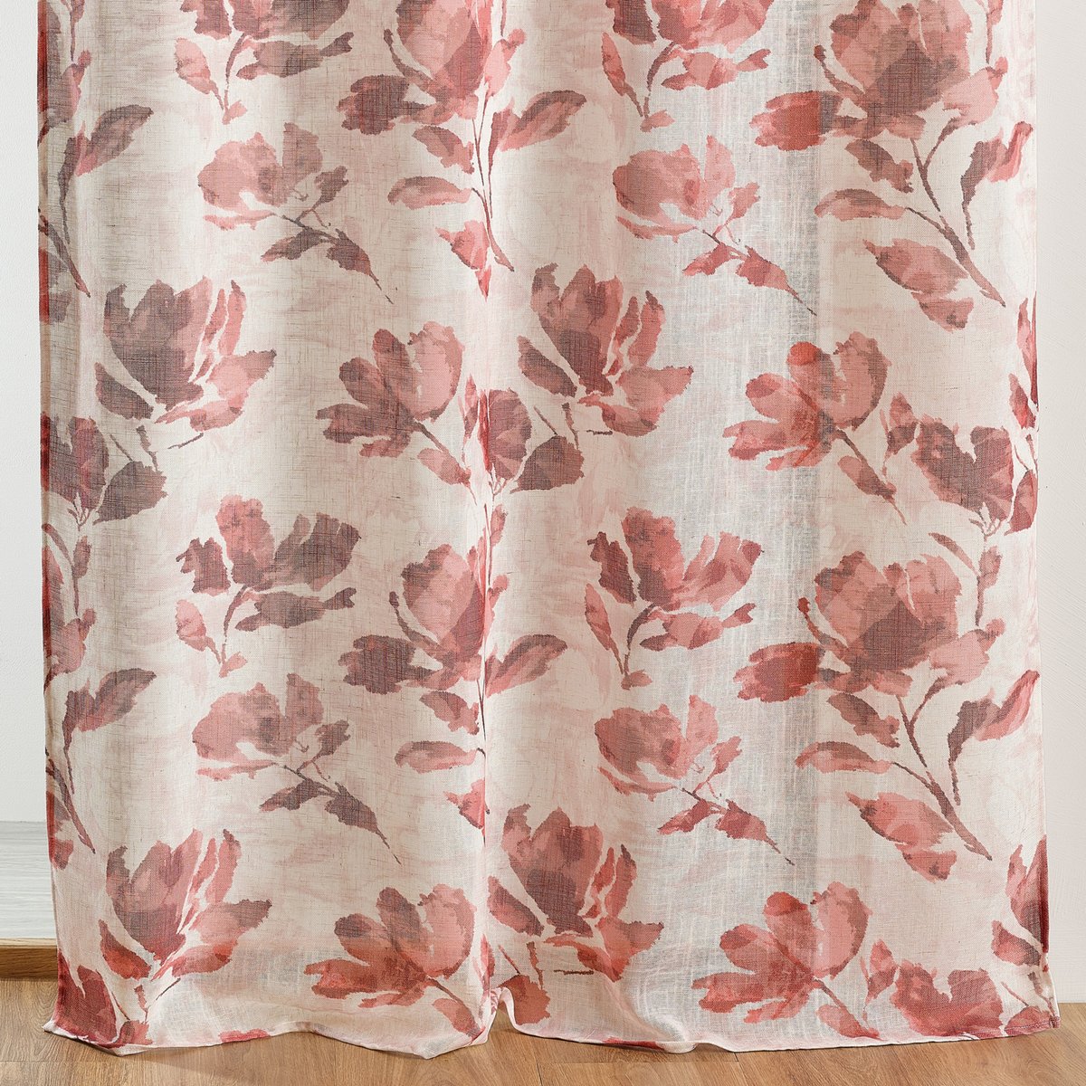 Voilage poly-lin imprimé à motif floral avec œillets - QABANE bordeaux, HOME MAISON