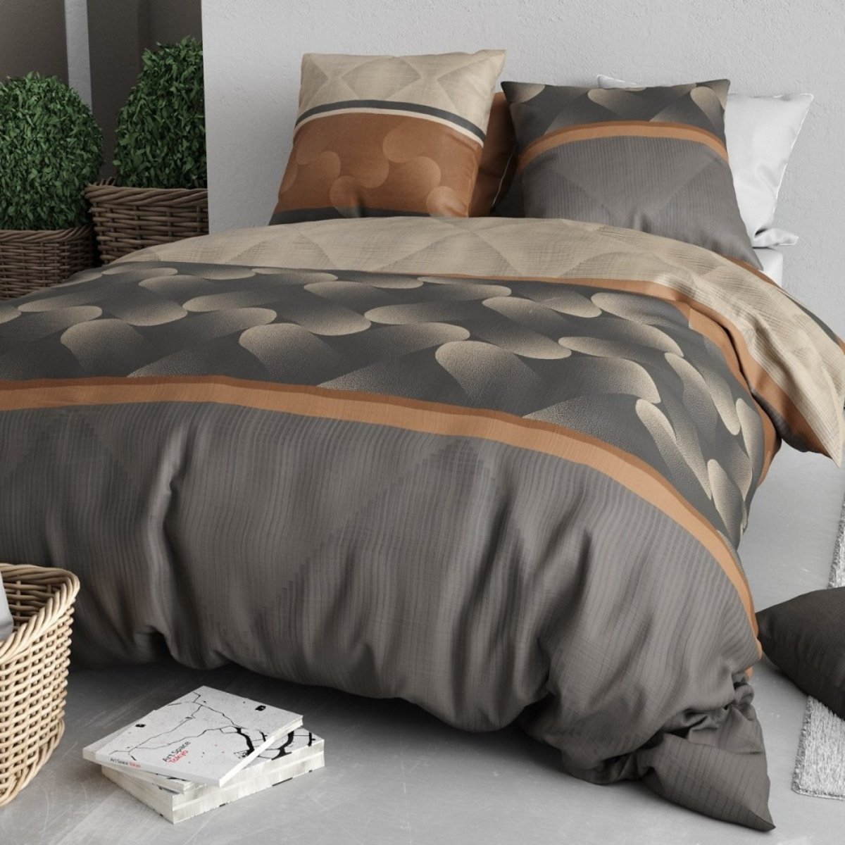 Housse de couette 240x220 JASPE + 2 taies coton 57 fils marron, DECORATIE