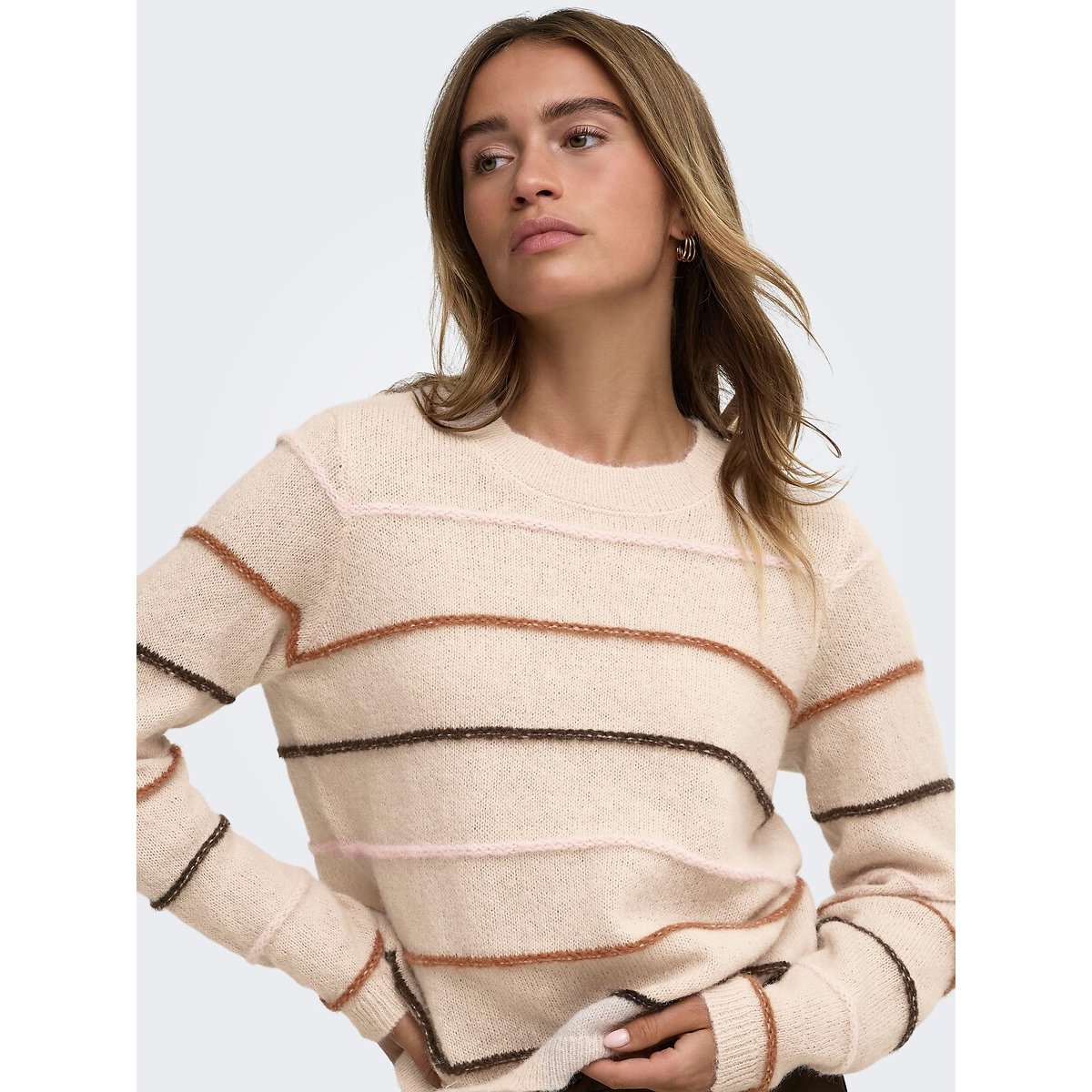 Pull girocollo a righe colorate beige, JDY