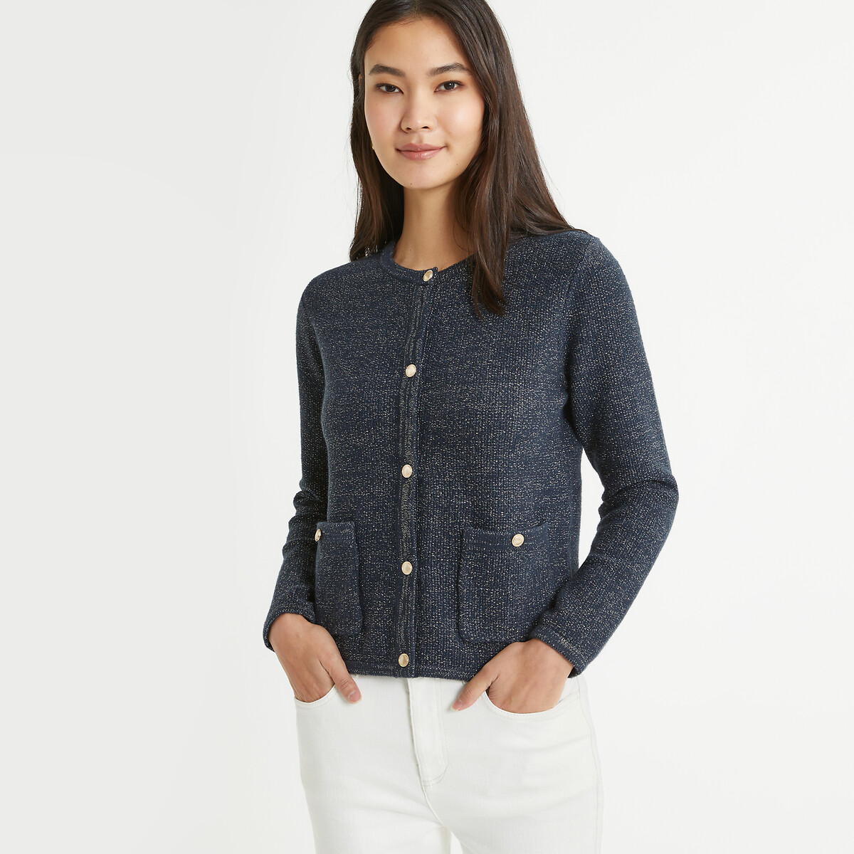 Buttoned Crew Neck Cardigan in Fine Knit navy, ANNE WEYBURN