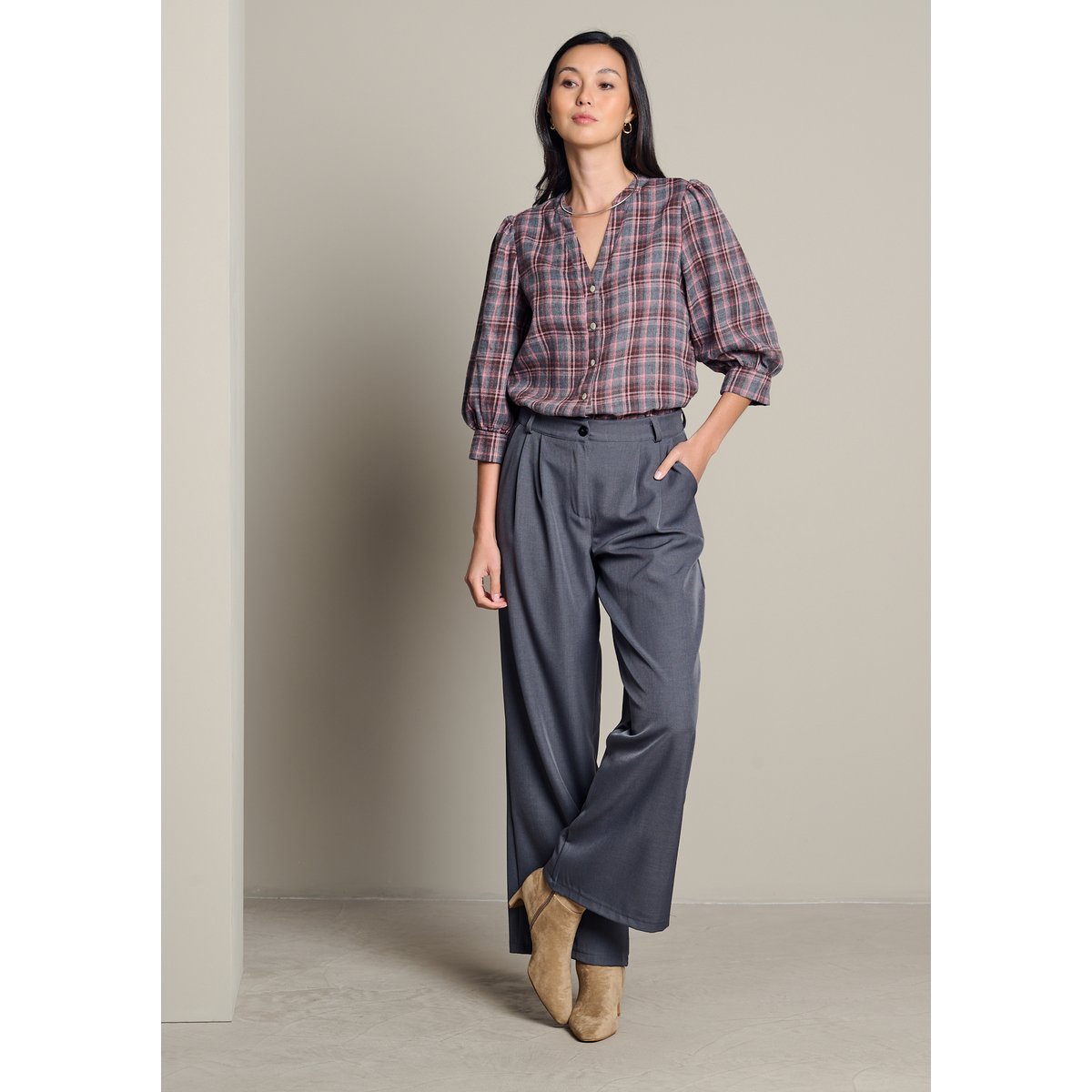 Blouse à carreaux manches ballon gris clair, LOLALIZA