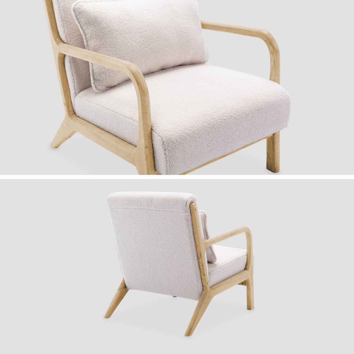 Banquette scandinave 2 places + Fauteuil bois et bouclette LORENS crème, SWEEEK
