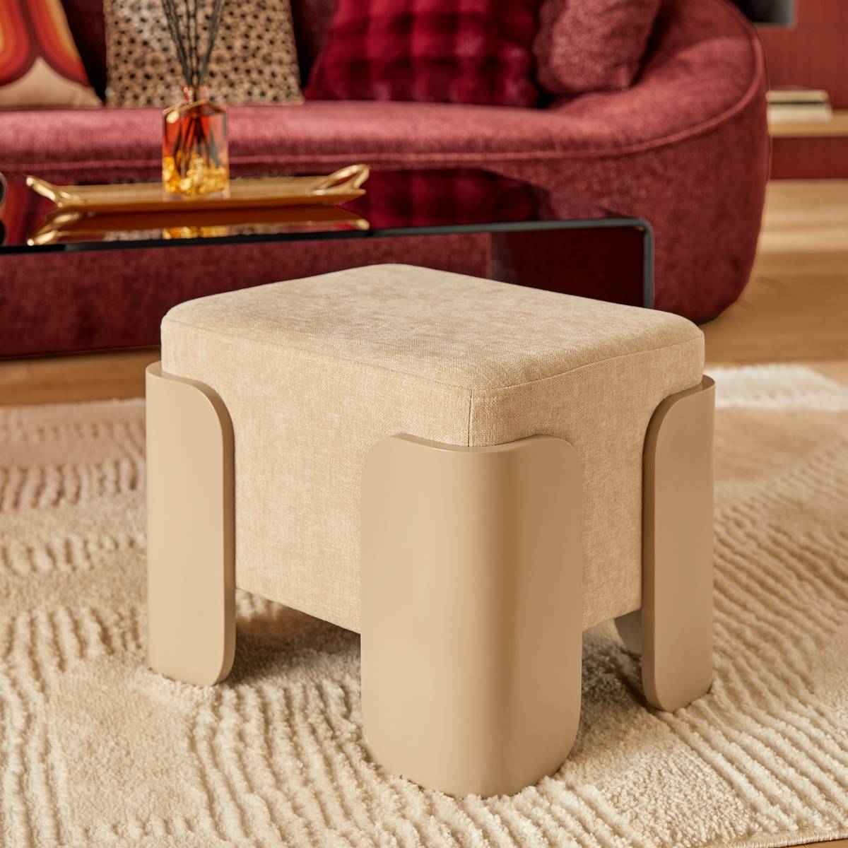 Pouf rectangulaire en pin MIZAR crème, ATMOSPHERA