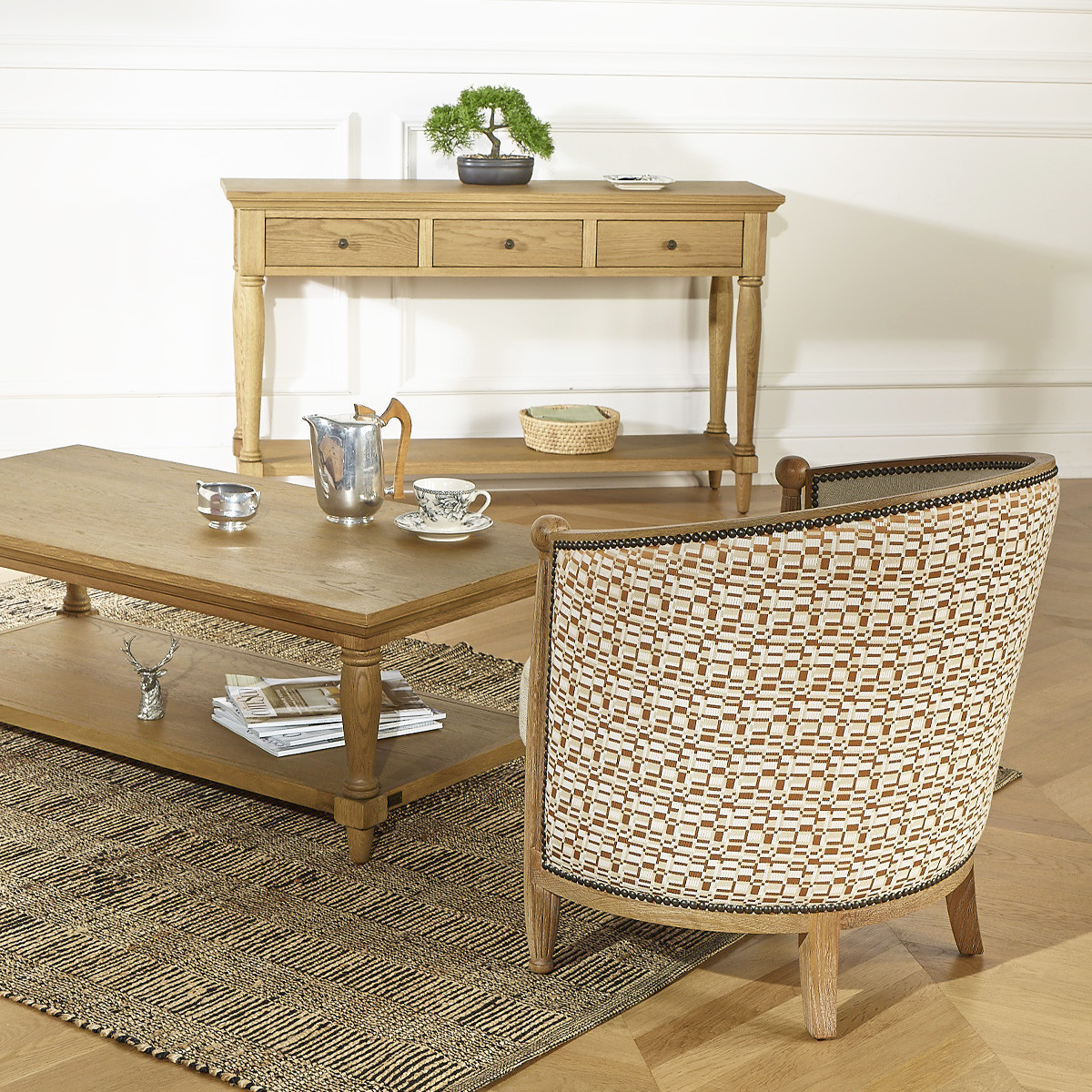 Fauteuil tonneau en chêne et lin CAROLE lin, ROBIN DES BOIS